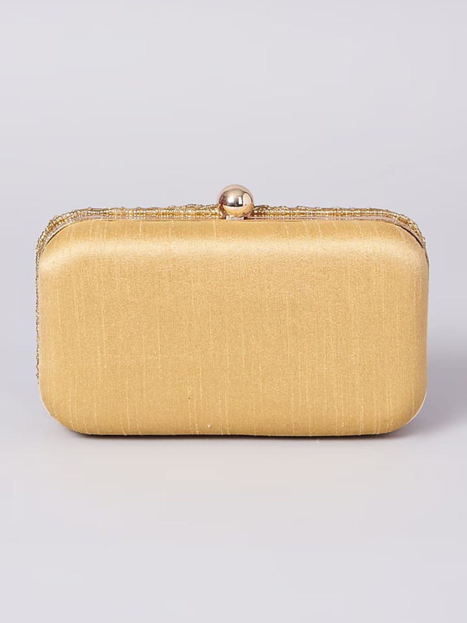 Gold beaded clutch bag by aclutchstory with intricate beadwork and a sleek, compact design for elegant occasions.