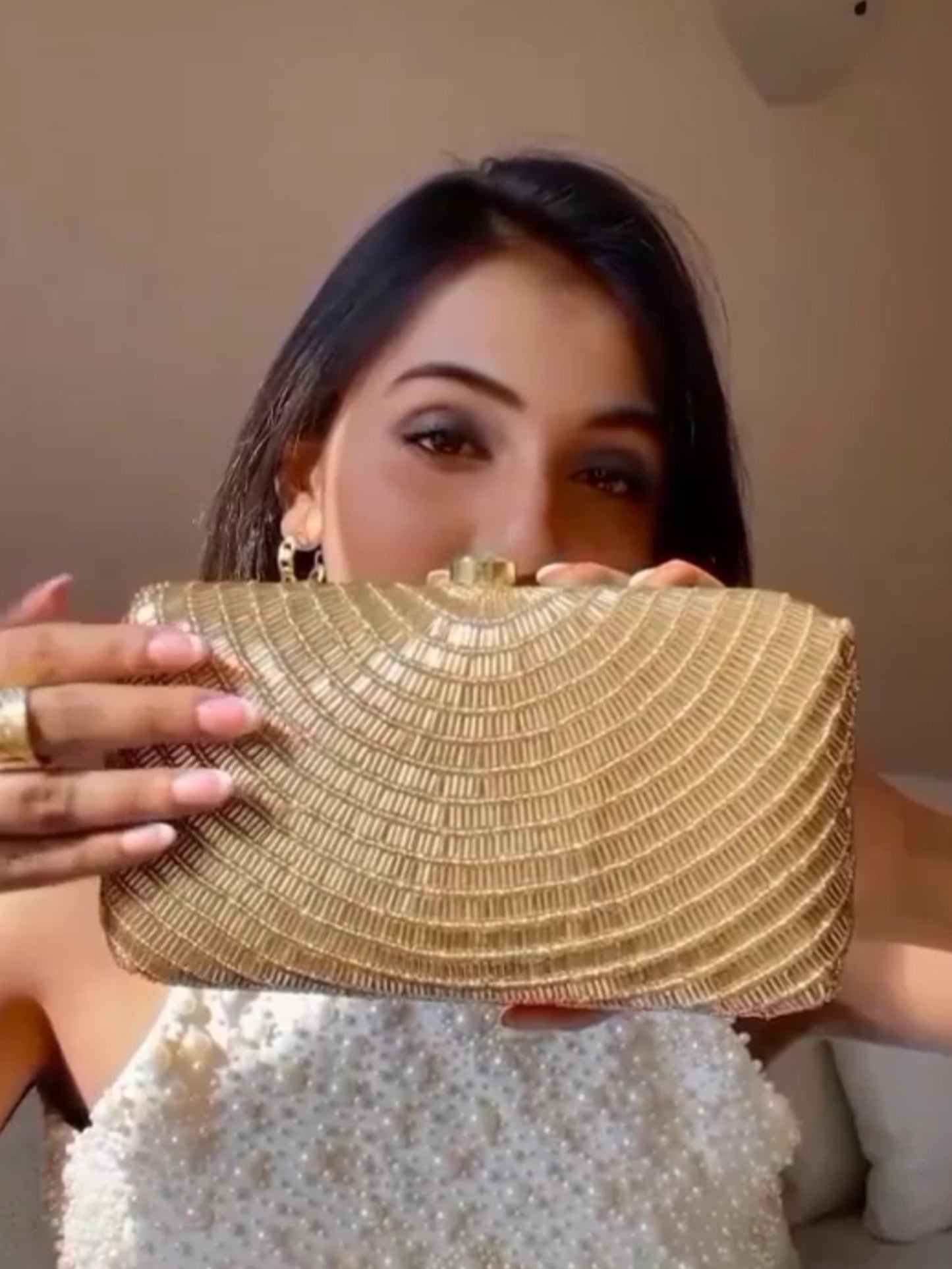 Gold Cleopatra clutch bag by Masoom Minawala featuring intricate design, perfect for evening events and special occasions.