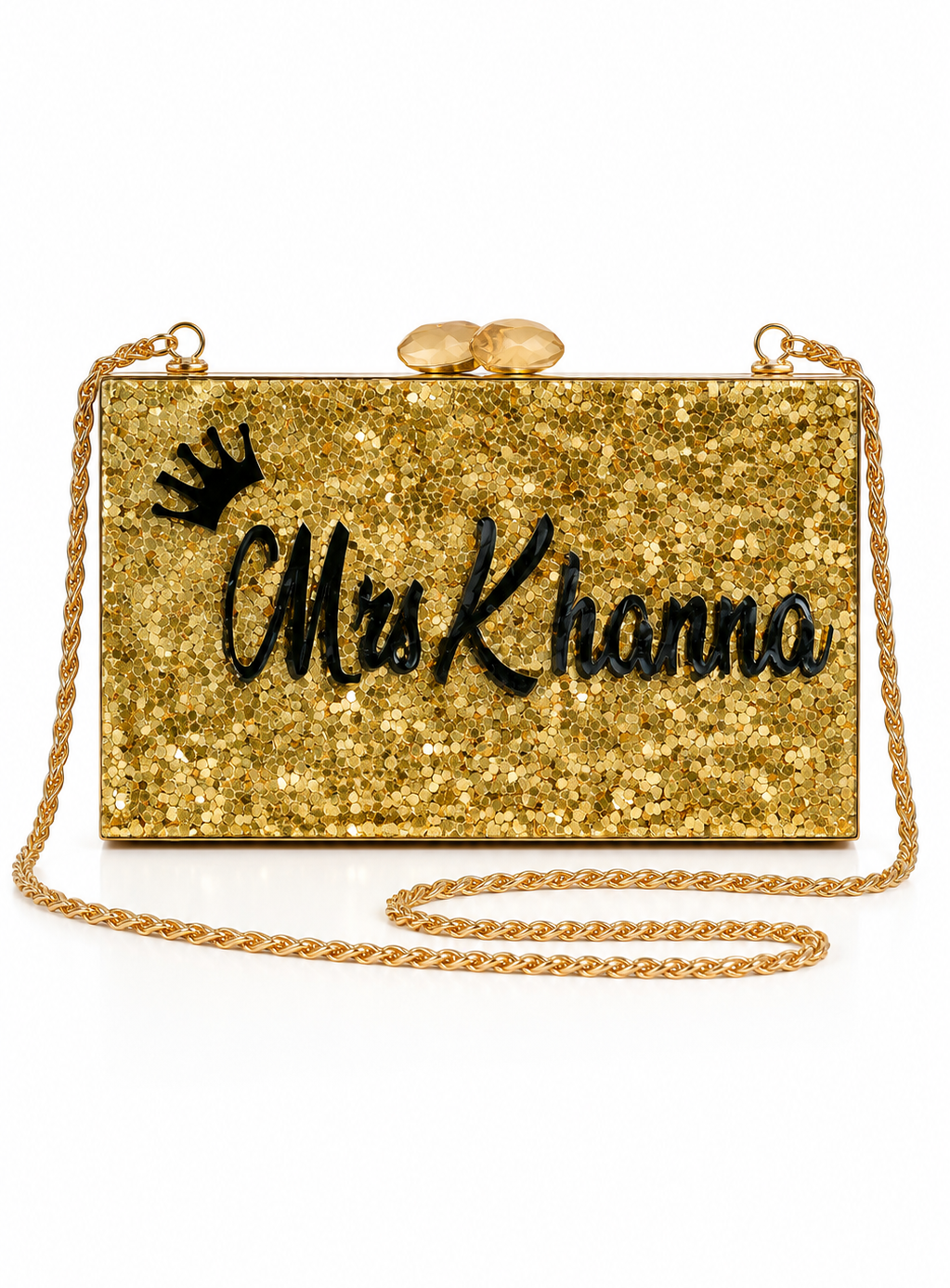 Gold glitter clutch bag with 'Mrs Khanna' text on a white background