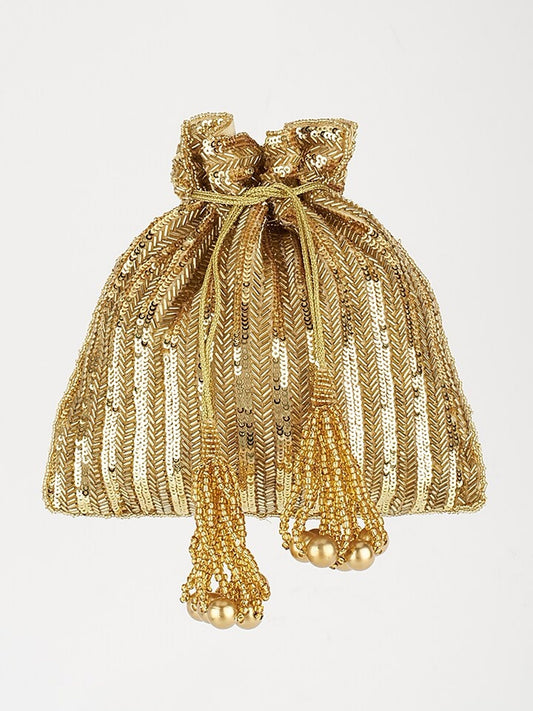 Gold sequined Rakul Preet hand-embroidered potli bag with intricate detailing, perfect for festive occasions and traditional attire.