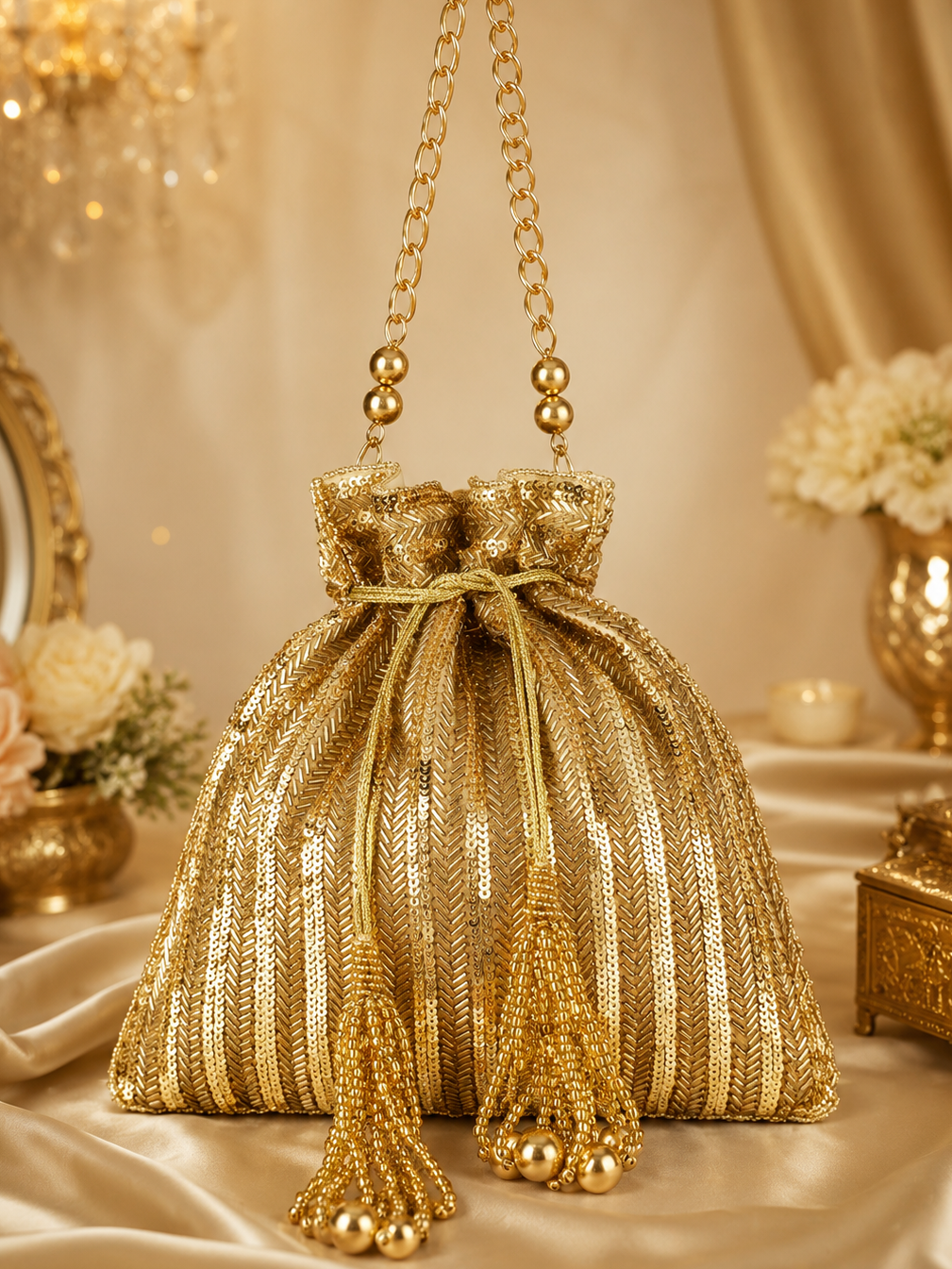 Gold beaded handbag with tassels on a decorative background