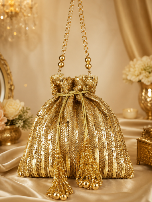 Gold beaded handbag with tassels on a decorative background