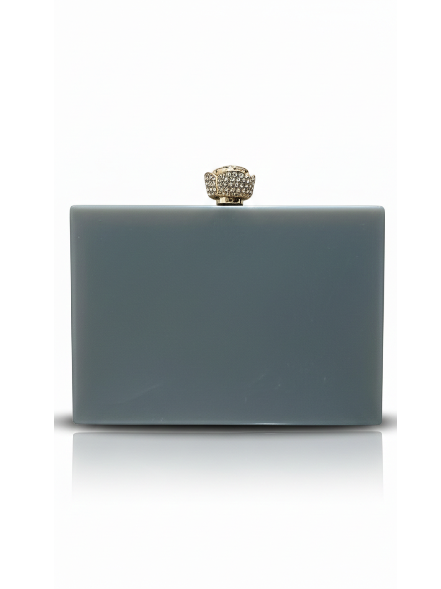 Grey Aura Resin Clutch with elegant grey base and Rhinestones work on the sides. Comes with a beautiful diamond studded Rose knob. 