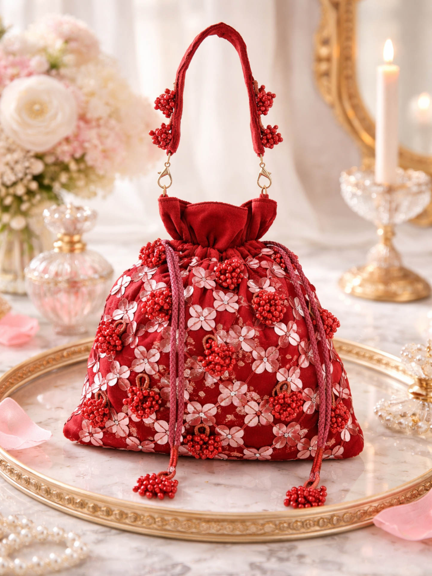 Handembroidery on a Gulab-themed potli bag by aclutchstory, featuring intricate floral designs and traditional drawstring closure.