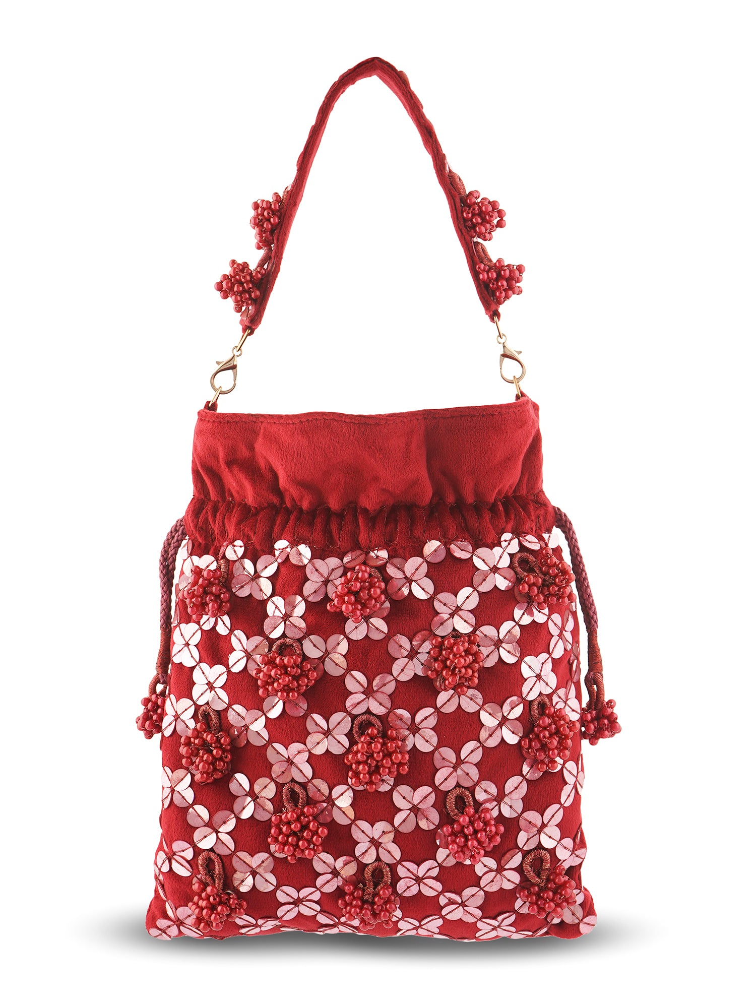 Hand-embroidered Gulab Potli Bag by aclutchstory with intricate floral embroidery and traditional drawstring closure.