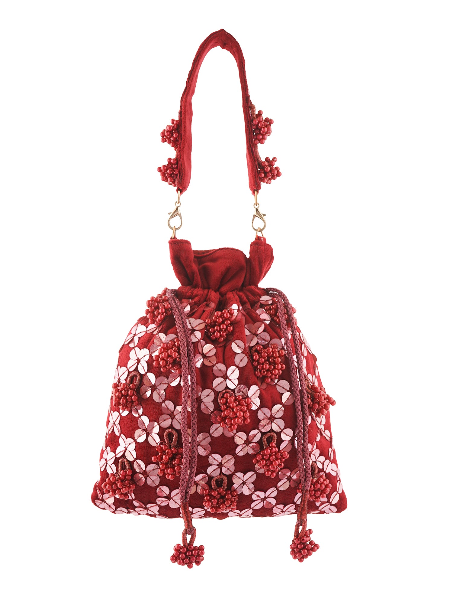 Hand-embroidered Gulab Potli Bag with floral detailing, featuring traditional embroidery and a drawstring closure.