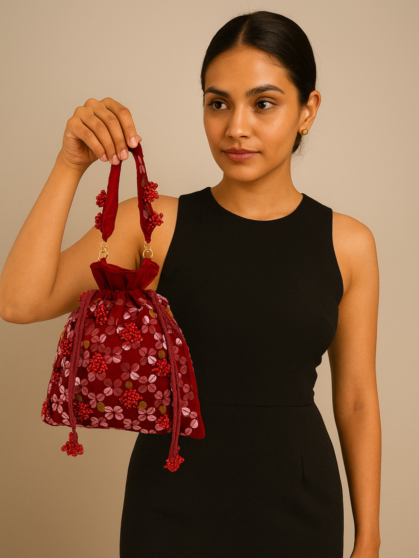 Hand-embroidered Gulab Potli Bag with intricate floral designs, traditional Indian accessory by aclutchstory.