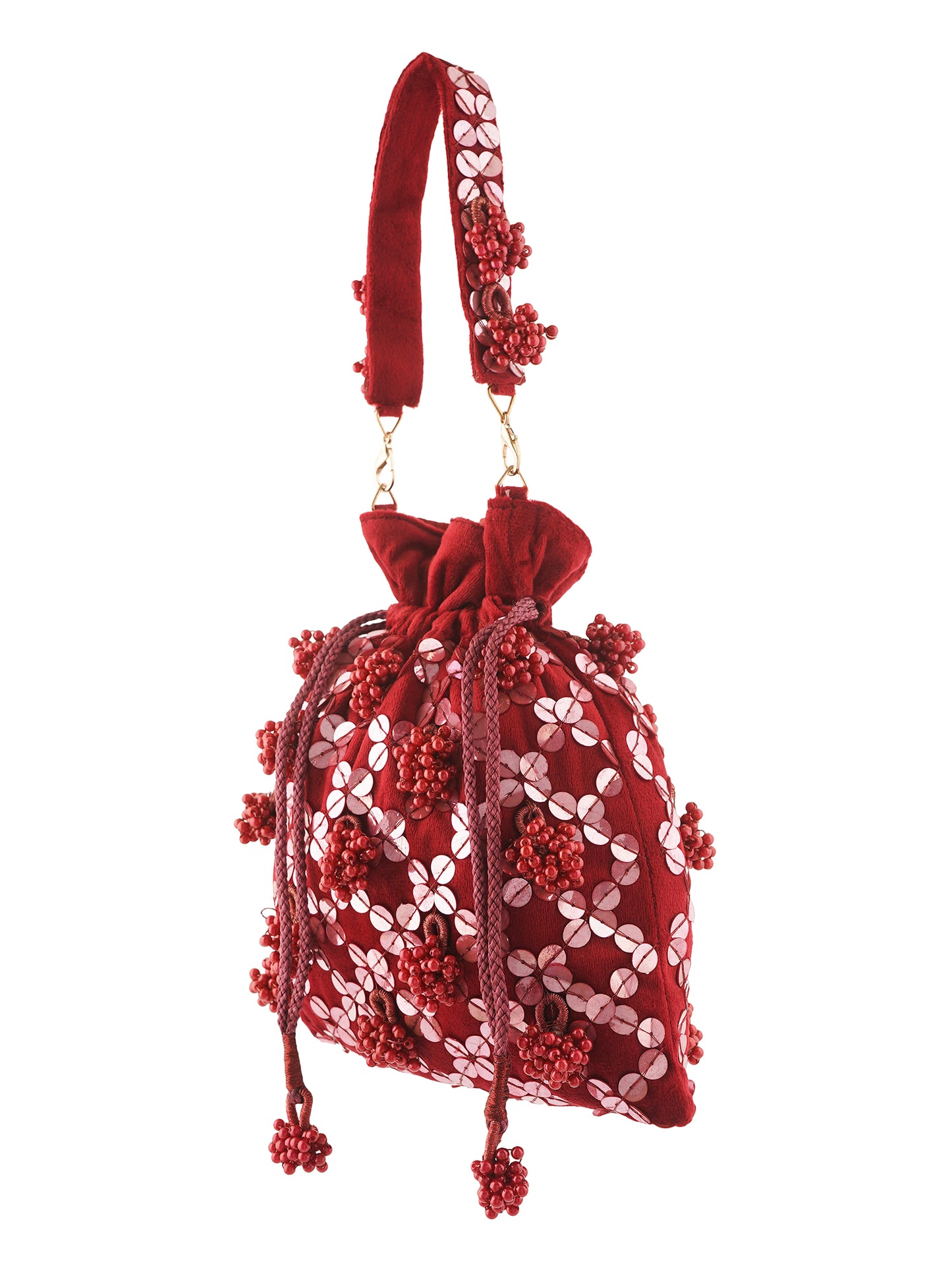 Gulab hand-embroidered potli bag with intricate floral designs, traditional Indian accessory by aclutchstory.