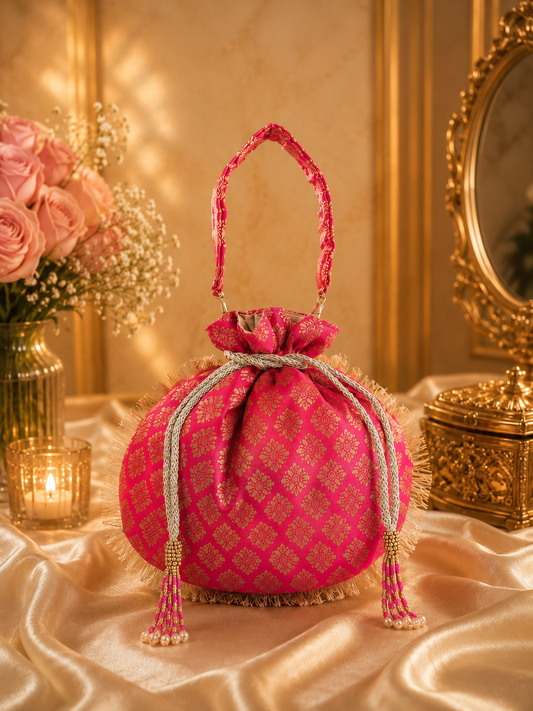 Pink banarsi handbag with decorative handles on a gold and white fabric background