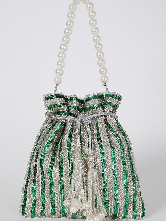 Green Sequins Handembroidered Potli (With minor imperfections)
