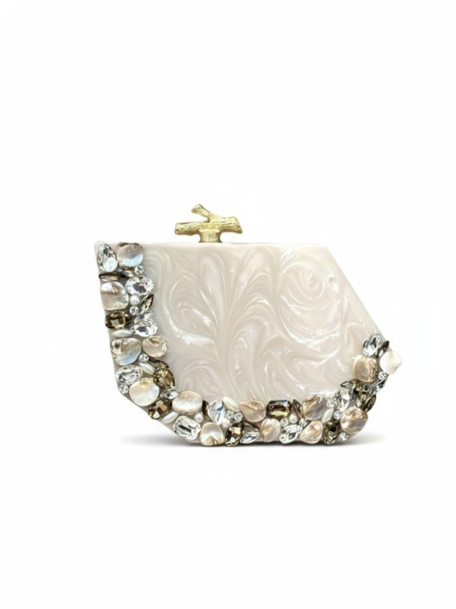 Ivory Resin Clutch with stone work on the sides. Comes with a beautiful metal branch knob.