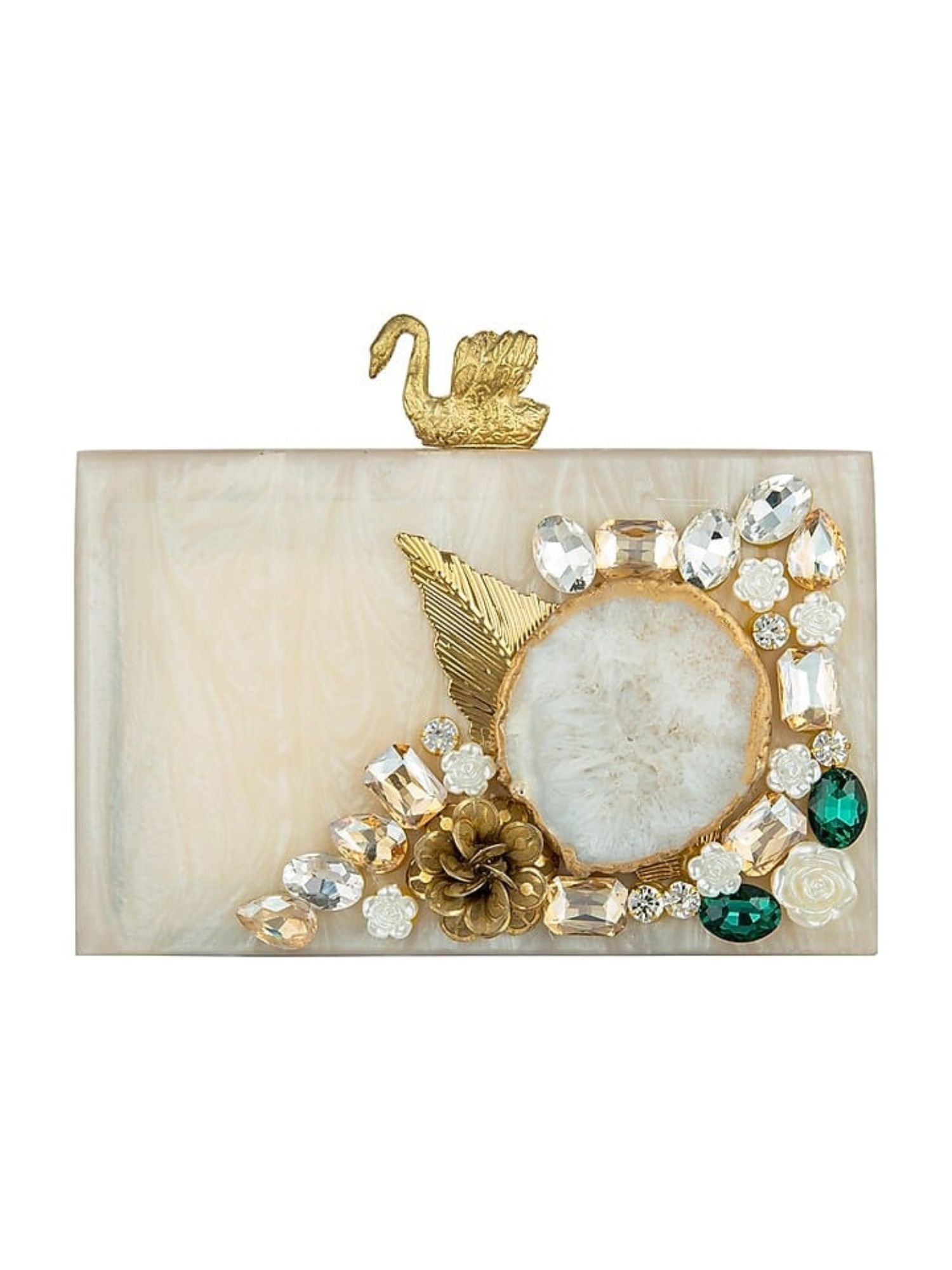 Ivory Swan Resin Clutch by aclutchstory showing elegant, detailed design with a smooth, glossy finish and clasp closure.