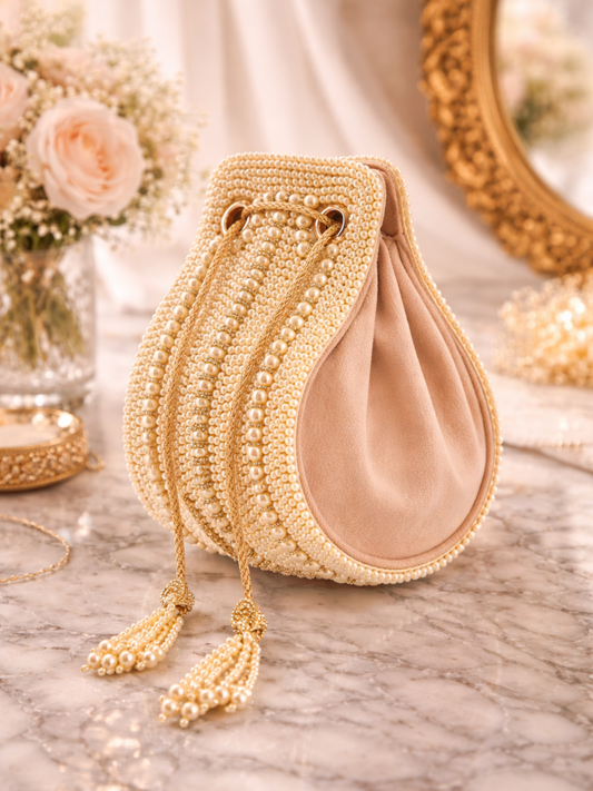 Maharani hand-embroidered clutch bag with intricate traditional design, featuring colorful embroidery on a fabric background.