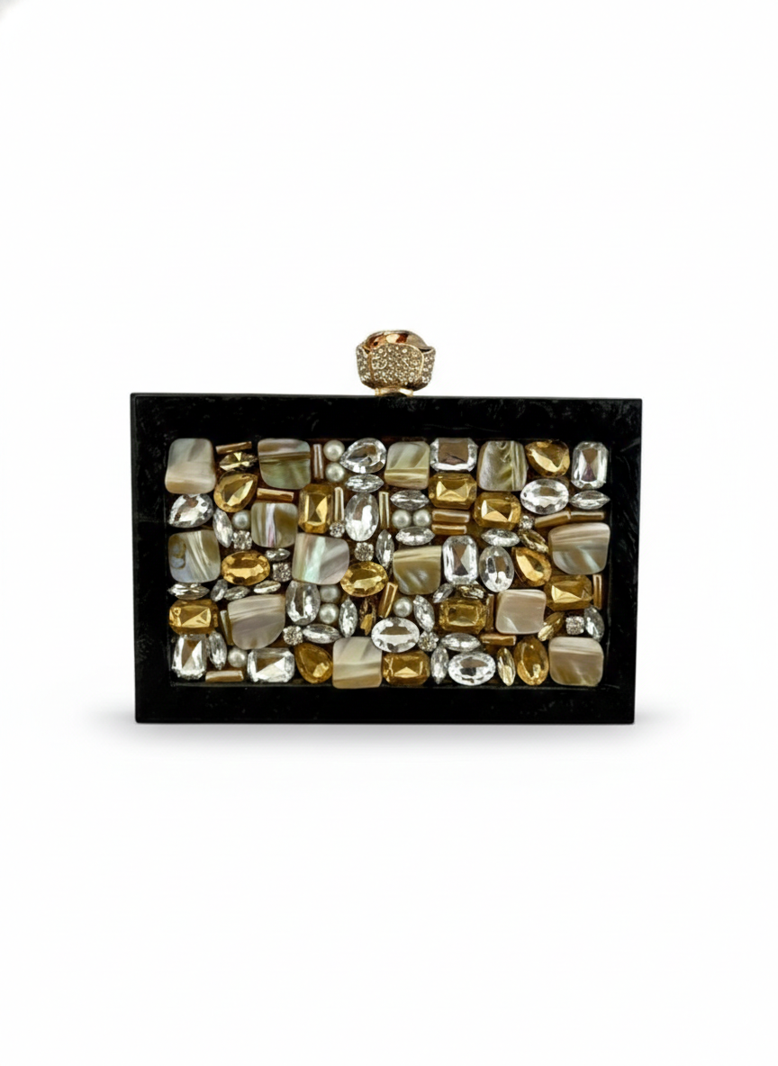 Black Midnight Aura clutch by aclutchstory with a sleek, elegant design featuring a secure clasp and smooth finish.