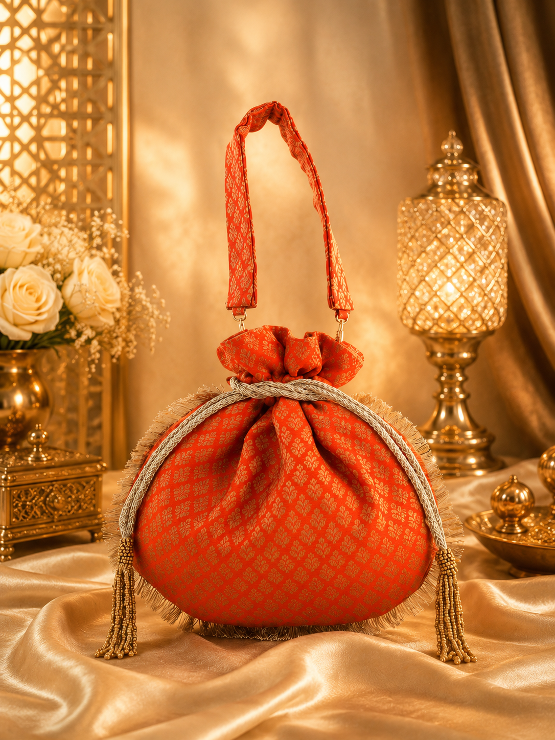 Decorative orange potli bag with gold accents on a luxurious background
