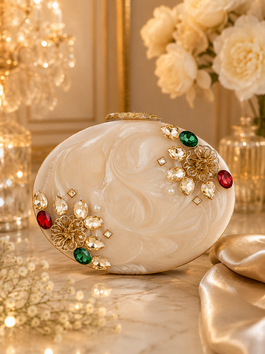 Decorative white stone with gold and red embellishments on a reflective surface.