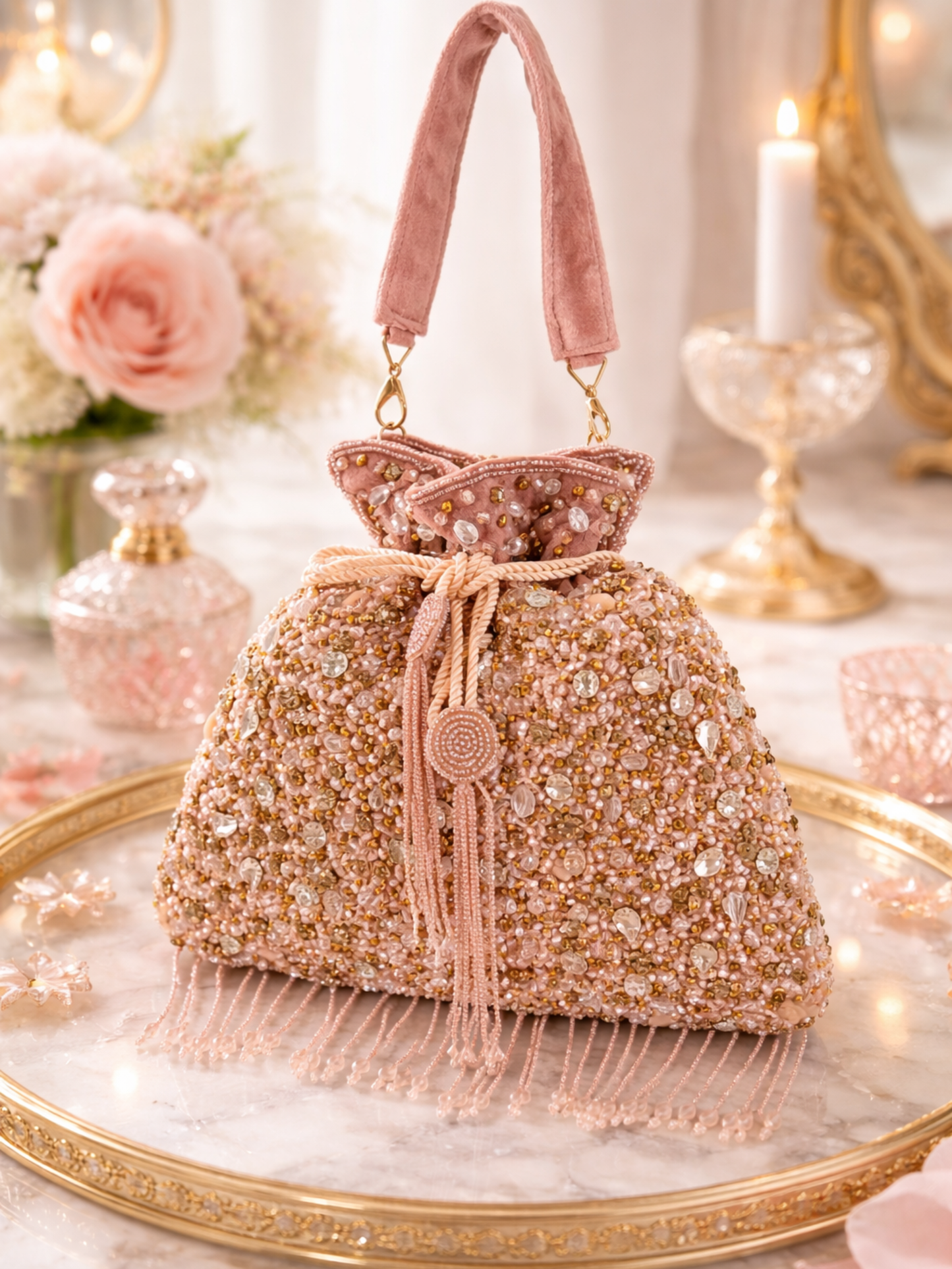 Hand-embroidered Phoolrani potli bag by aclutchstory with floral design and traditional drawstring closure.