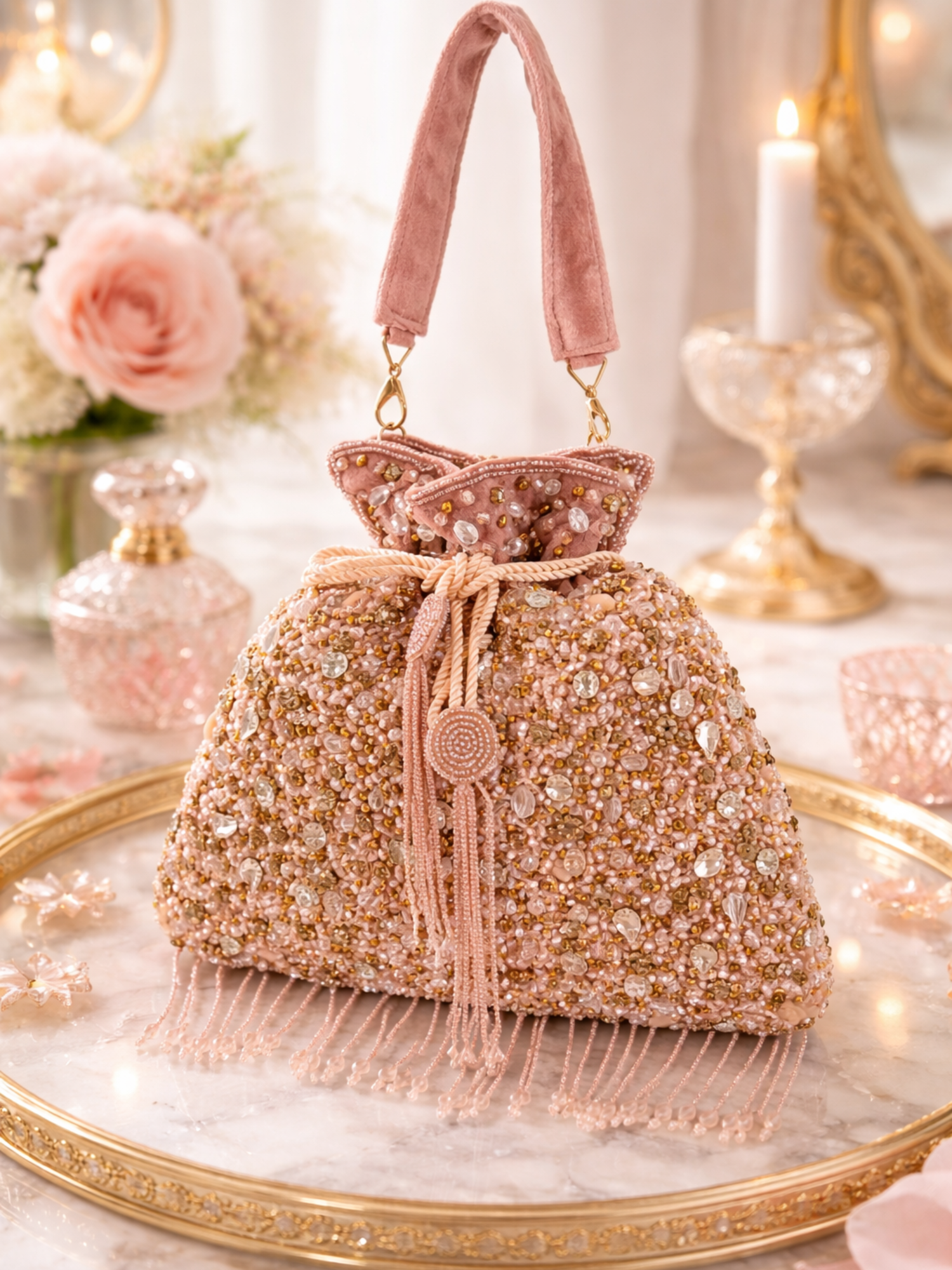 Hand-embroidered Phoolrani potli bag by aclutchstory with floral design and traditional drawstring closure.