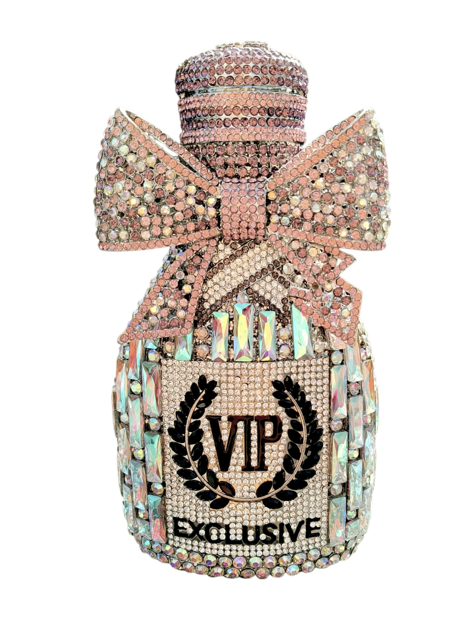 Decorative perfume bottle with 'VIP Exclusive' text and a bow on a white background