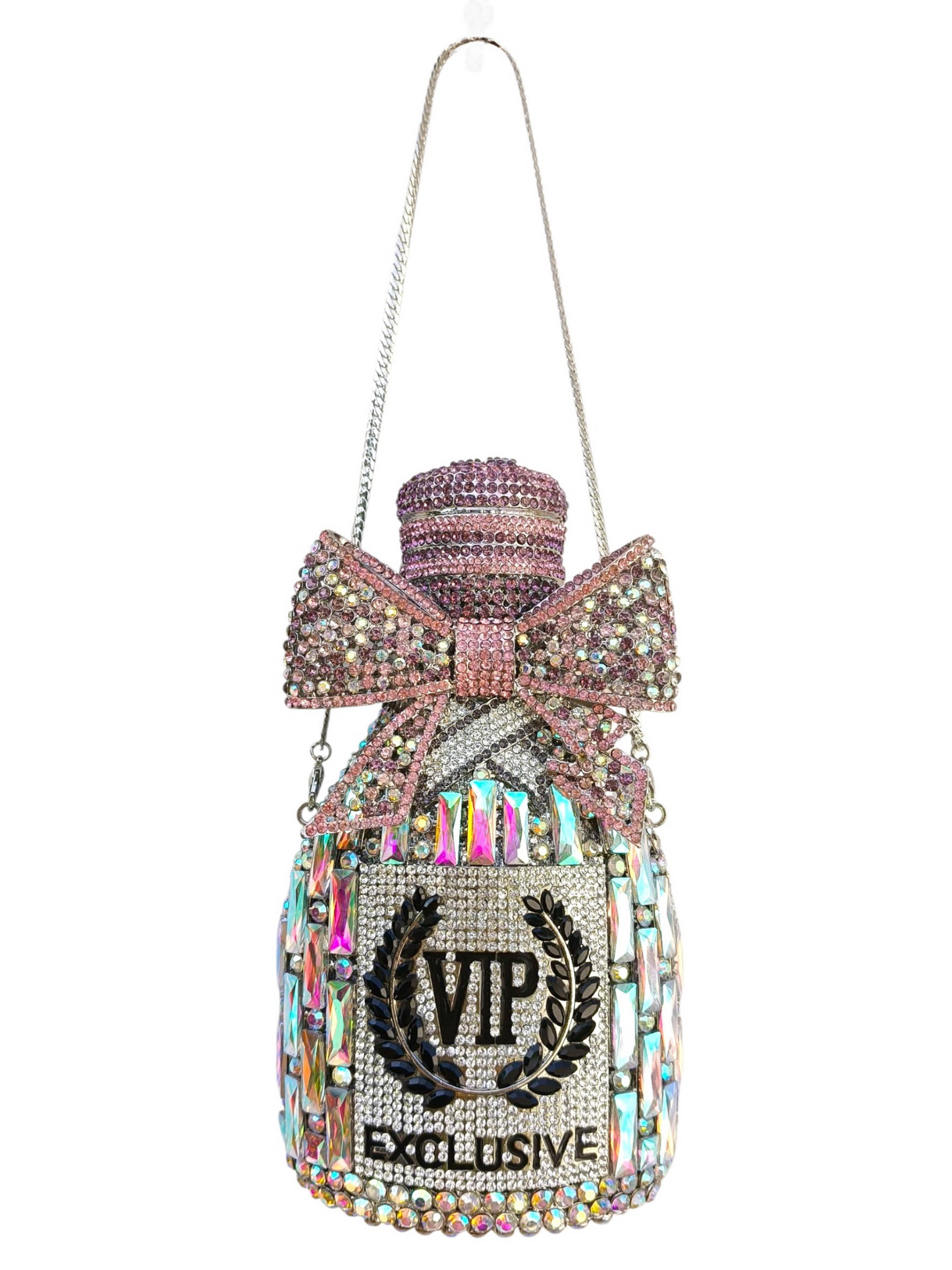 Decorative bottle-shaped handbag with 'VIP Exclusive' text and bow on a white background