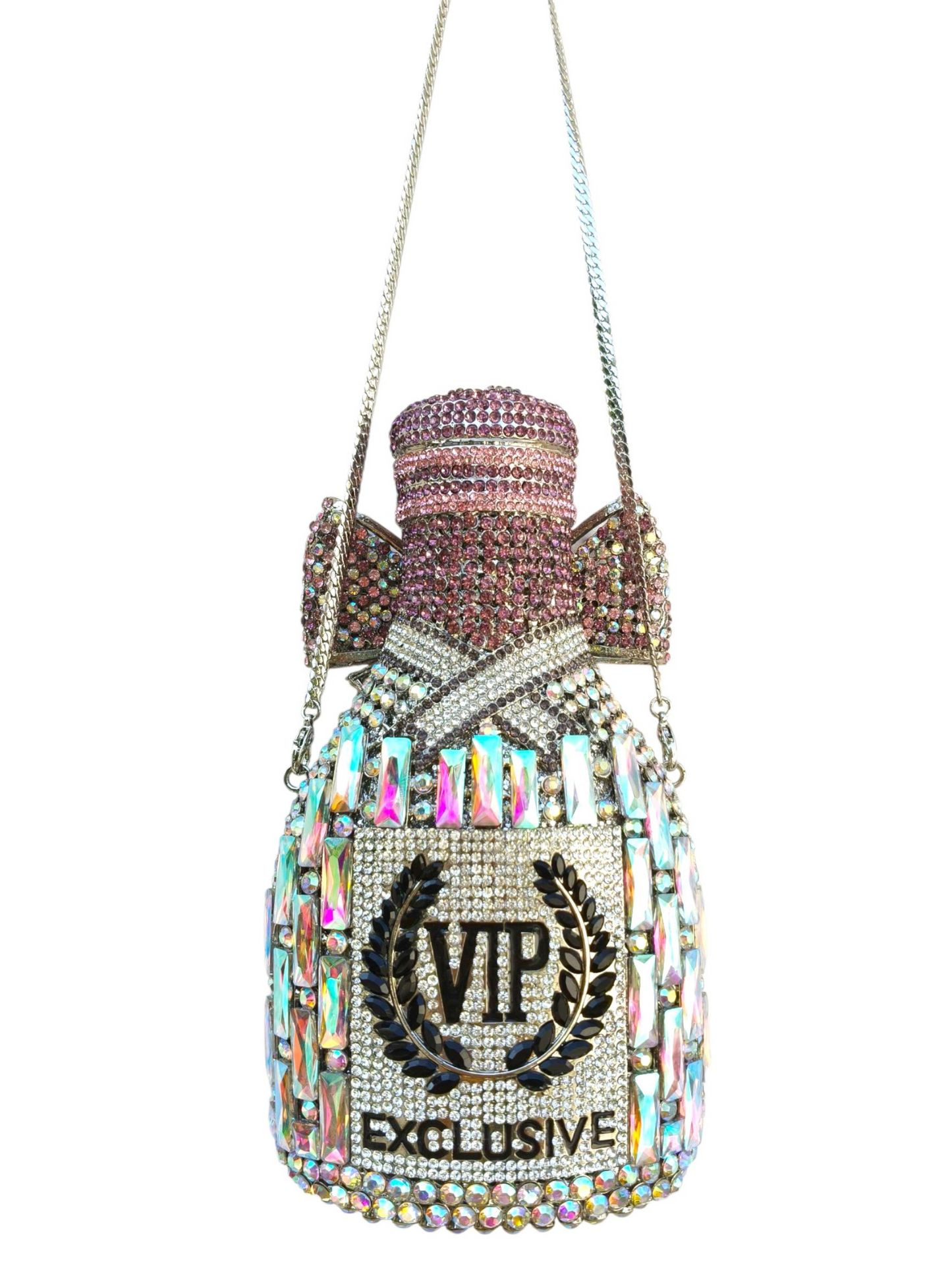 Decorative bottle-shaped purse with 'VIP Exclusive' text and rhinestone embellishments on a white background