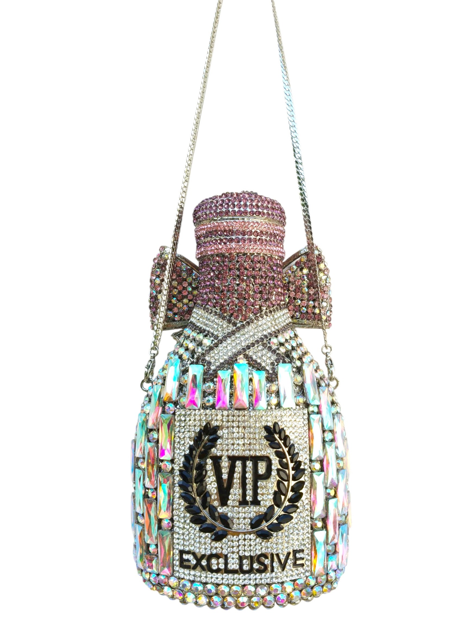 Decorative bottle-shaped purse with 'VIP Exclusive' text and rhinestone embellishments on a white background