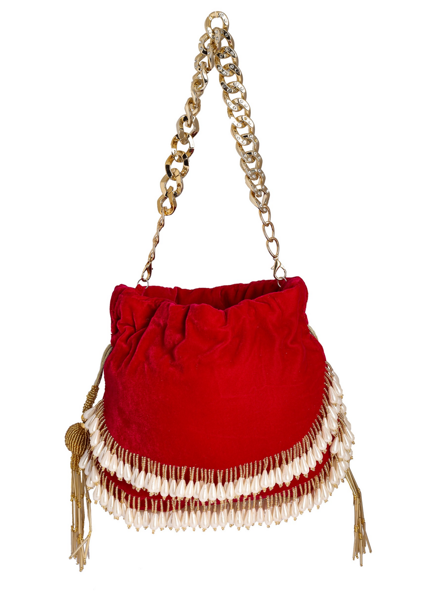 Elegant pearl tassels potli bag by aclutchstory featuring intricate embroidery and a drawstring closure.
