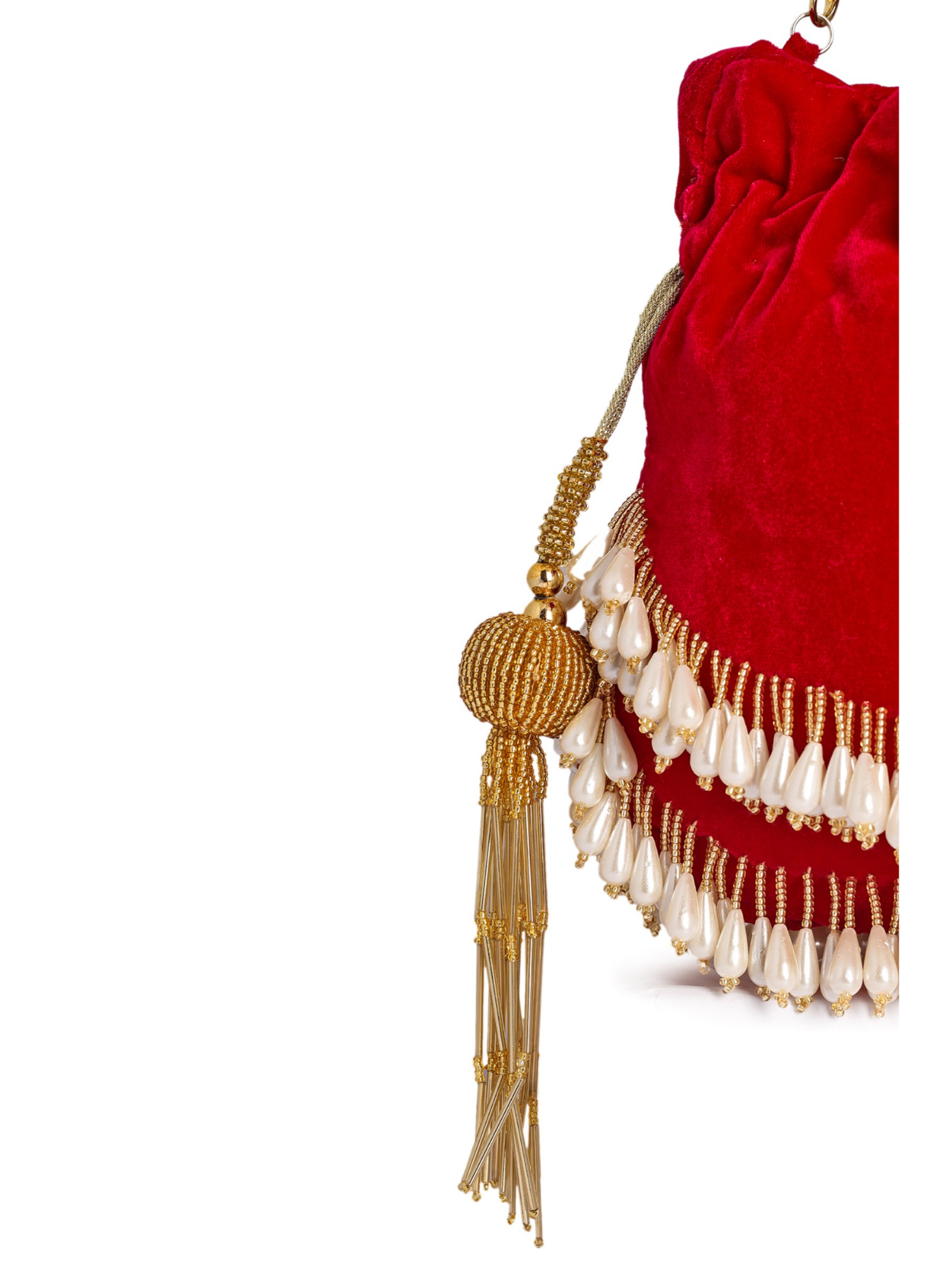 Elegant Precious Pearl Tassels Potli Bag by aclutchstory with intricate pearl detailing and traditional drawstring closure.