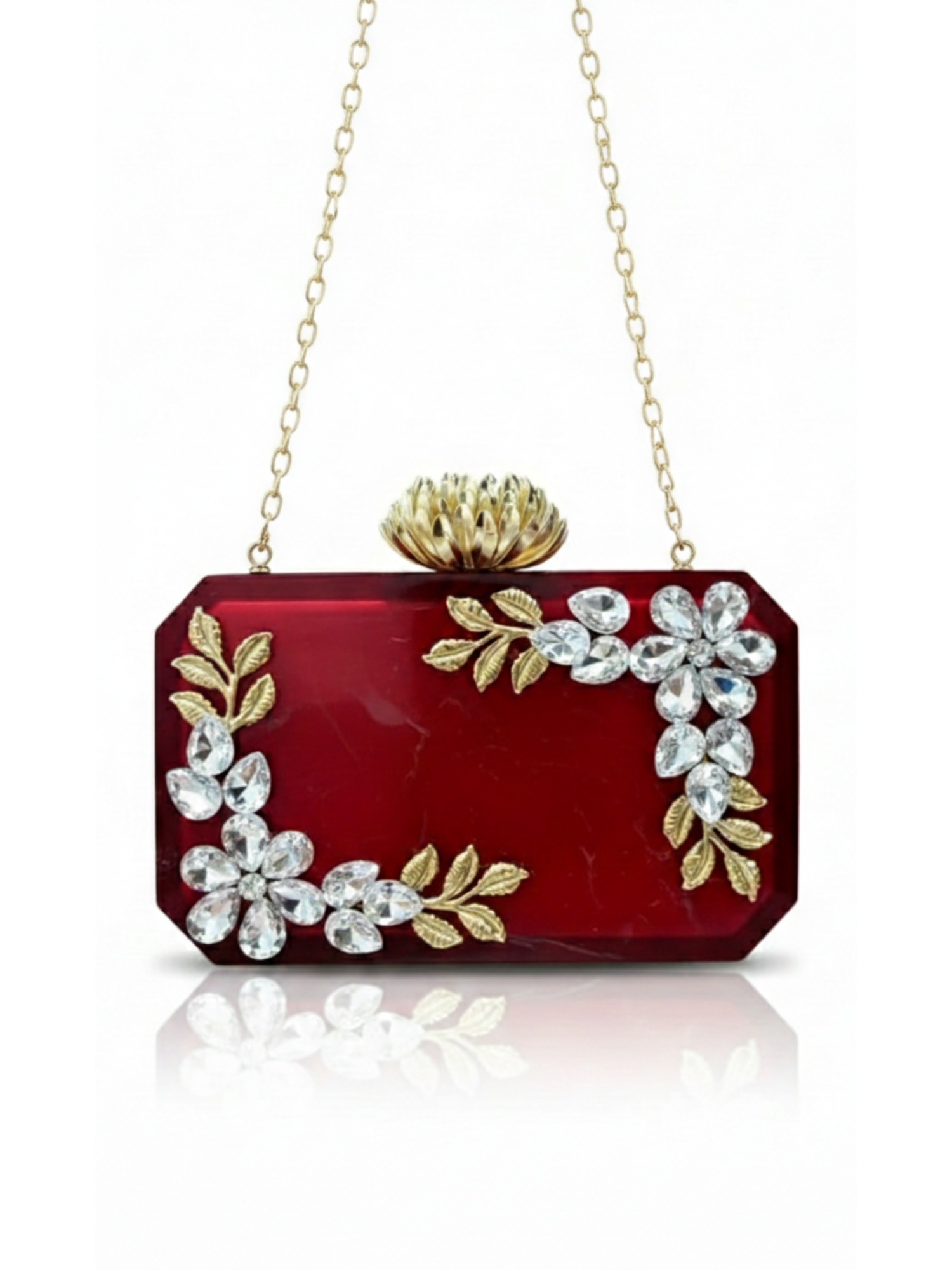 Ruby Aura clutch bag by aclutchstory featuring a vibrant red color with rhinestone work and elegant gold accents. Comes with a long sling chain.