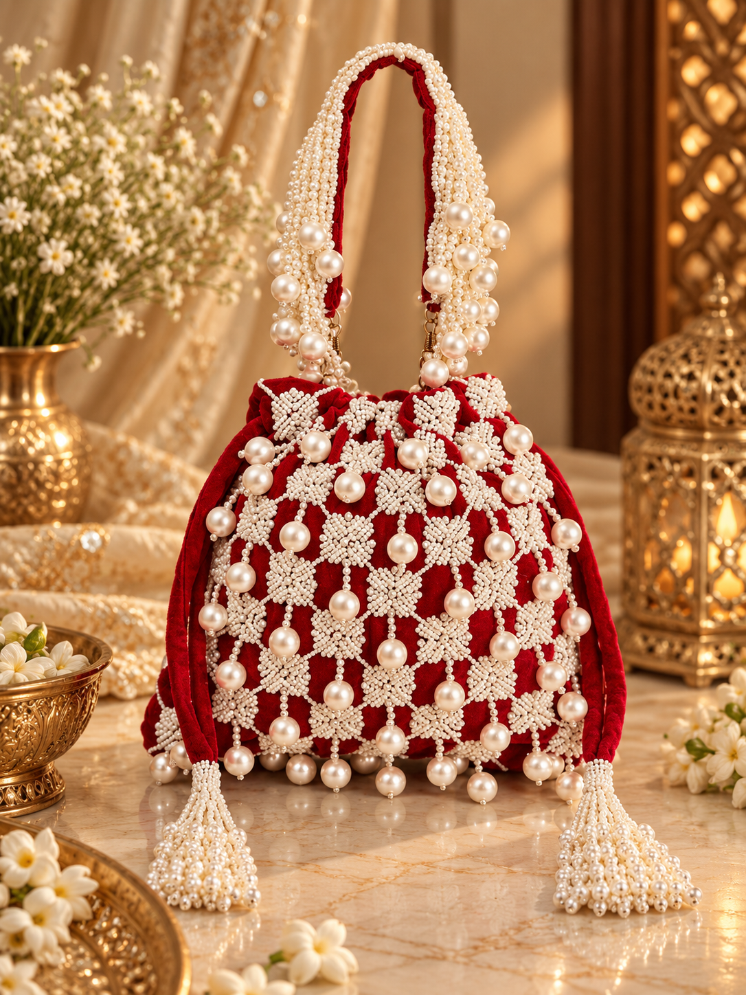 Red Pearl Tassels Potli