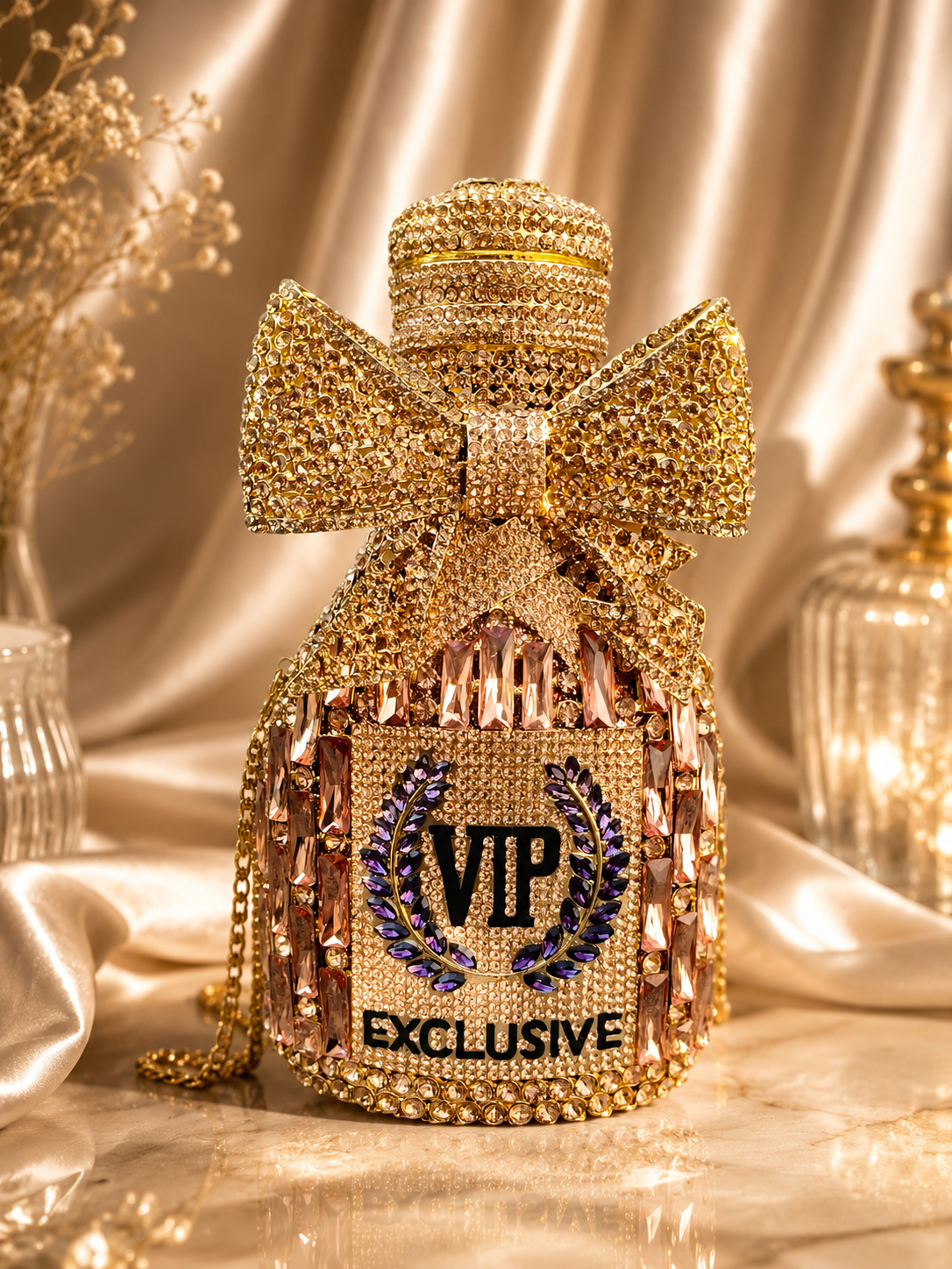 Decorative bottle with 'VIP Exclusive' text, gold bow, and crystals on a reflective surface.