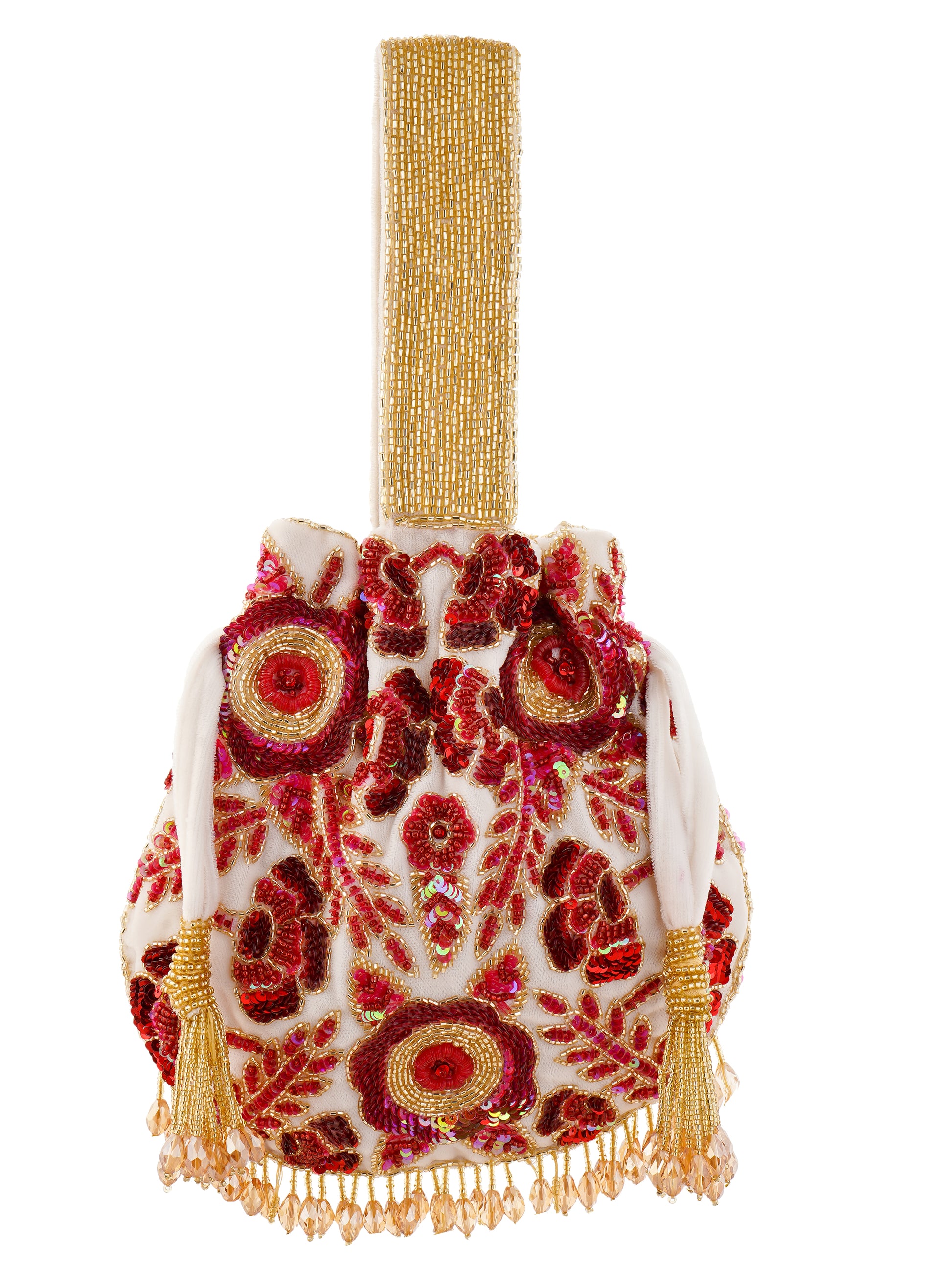 Dual-colored Rosy Dreams Potli Bag by aclutchstory featuring intricate embroidery and traditional design.