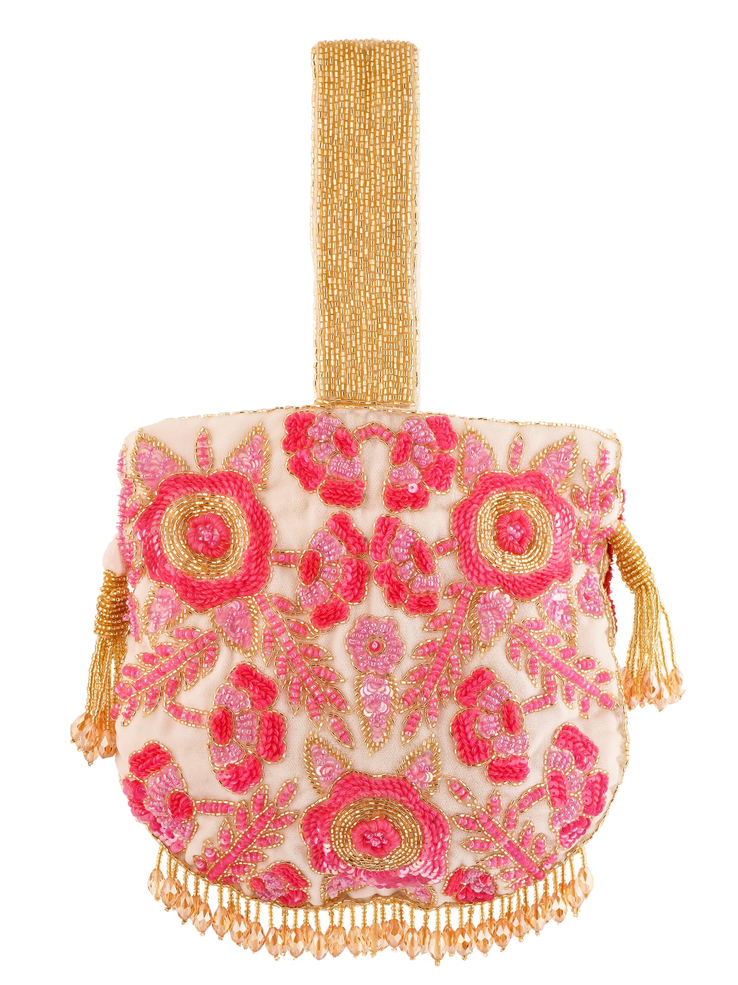 Dual-colored Rosy Dreams Potli Bag by aclutchstory with intricate embroidery and traditional drawstring closure.