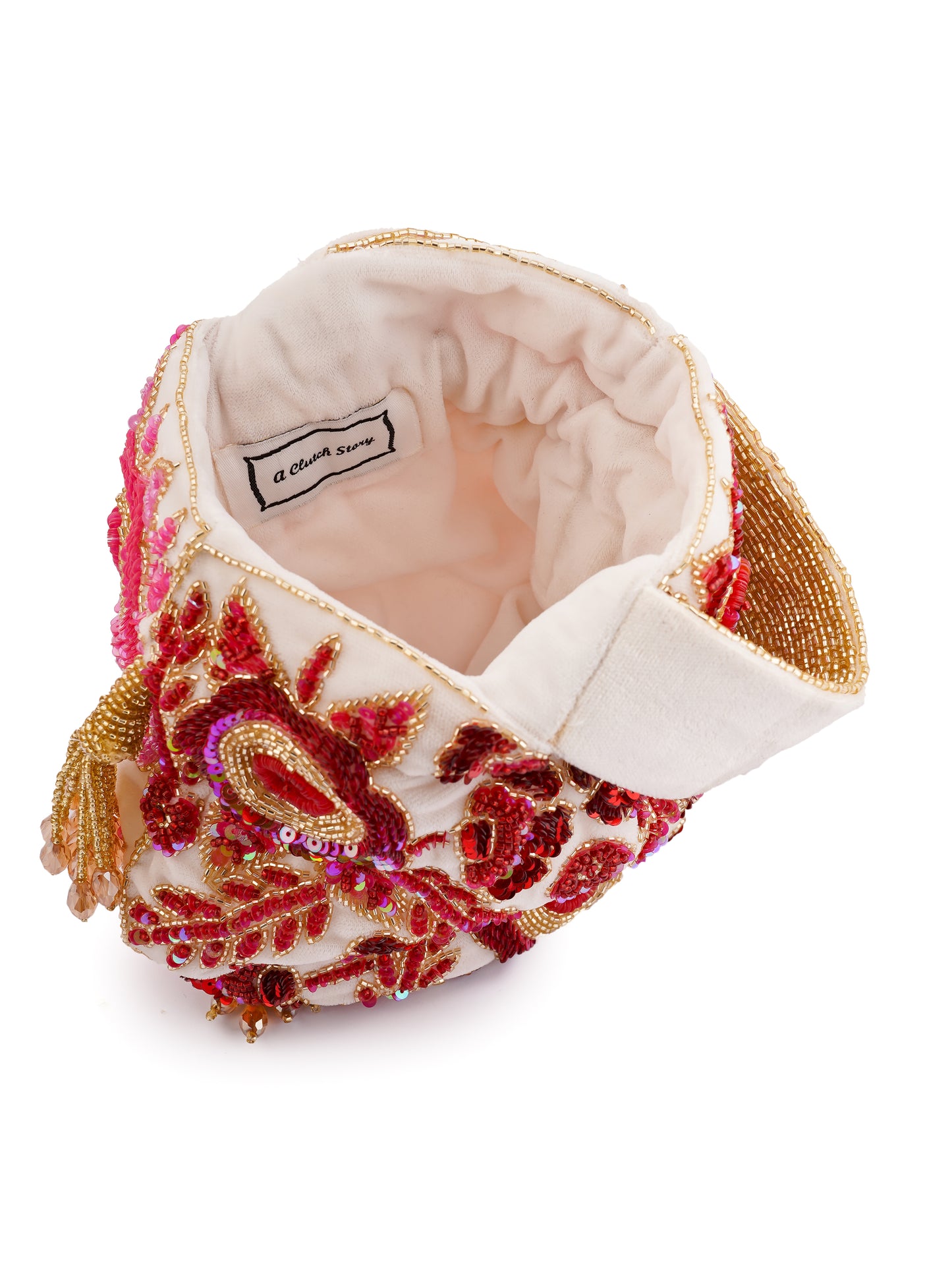 Dual-colored Rosy Dreams Potli Bag by aclutchstory with intricate embroidery and traditional drawstring closure.