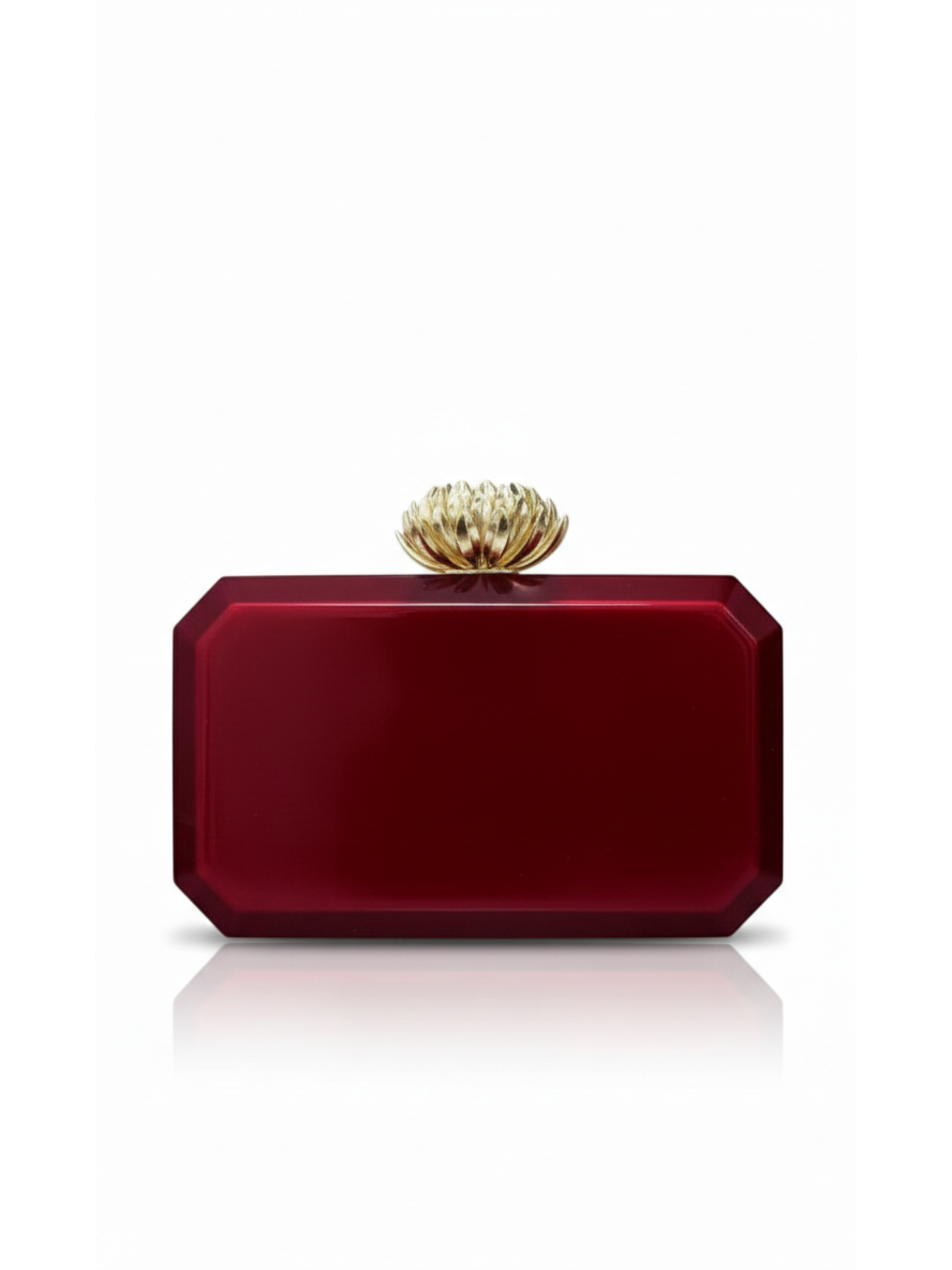 Ruby Aura clutch bag by aclutchstory featuring a vibrant red color with rhinestone work and elegant gold accents. Comes with Gold metal Lotus knob. 