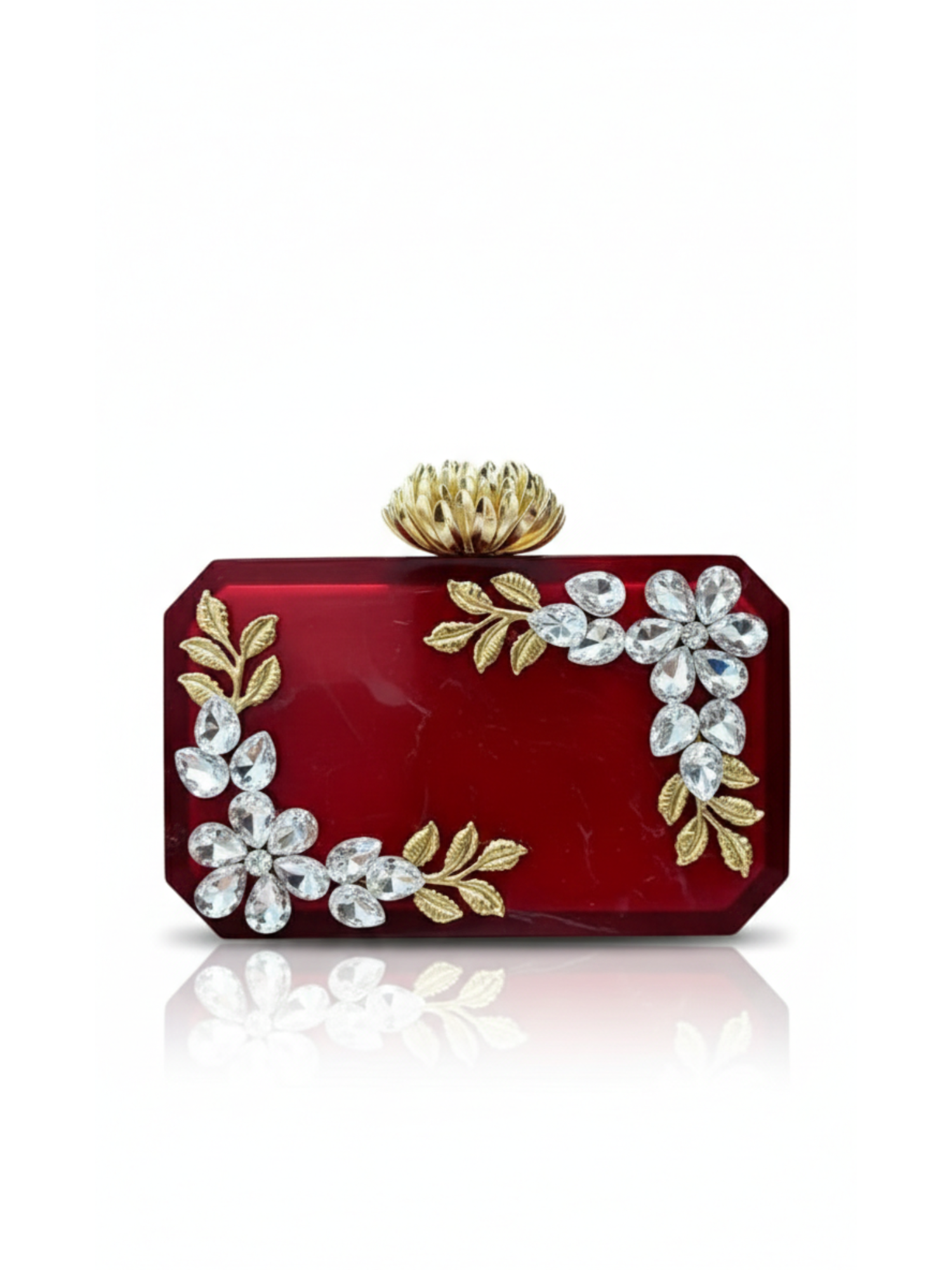 Ruby Aura clutch bag by aclutchstory featuring a vibrant red color with rhinestone work and elegant gold accents. Comes with a Gold metal Lotus knob