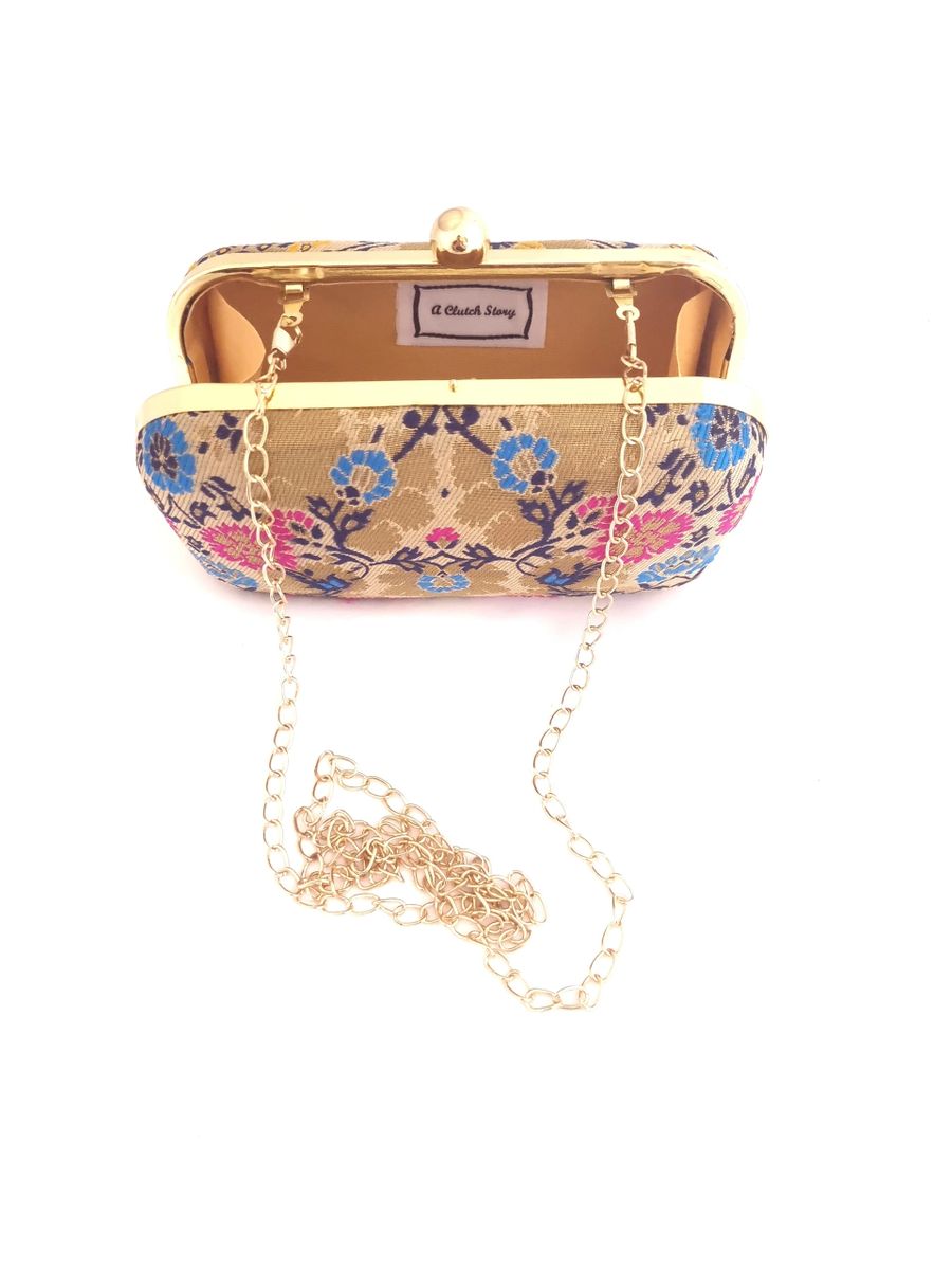 Set of 6 brocade clutches by aclutchstory, featuring elegant fabric with intricate patterns and compact design.