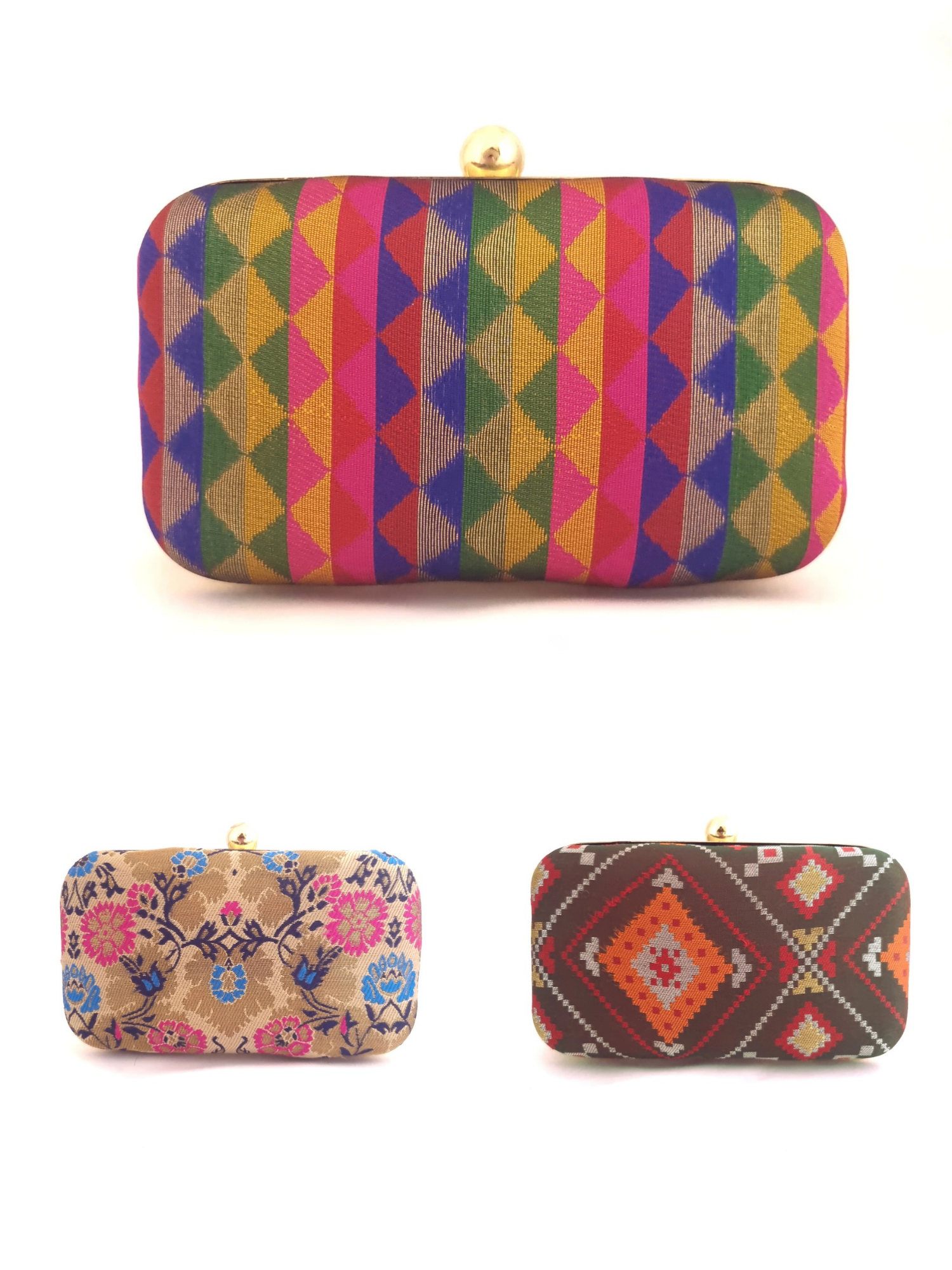 Set of 6 brocade clutches with intricate patterns, stylish evening bags by aclutchstory displayed in the image.