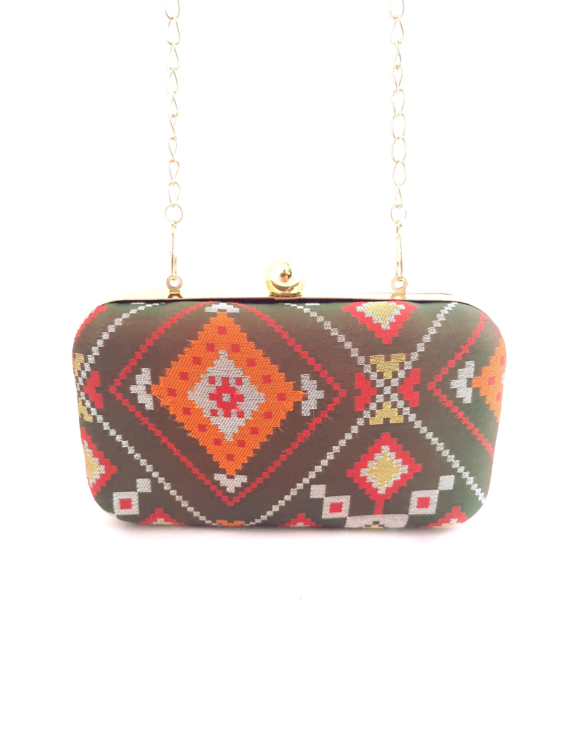 Set of 6 brocade clutches with intricate patterns, stylish evening bags from aclutchstory, displayed in a group.
