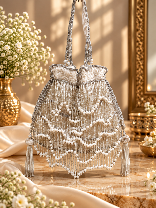 Silver Fringe Glam Potli (White Base)