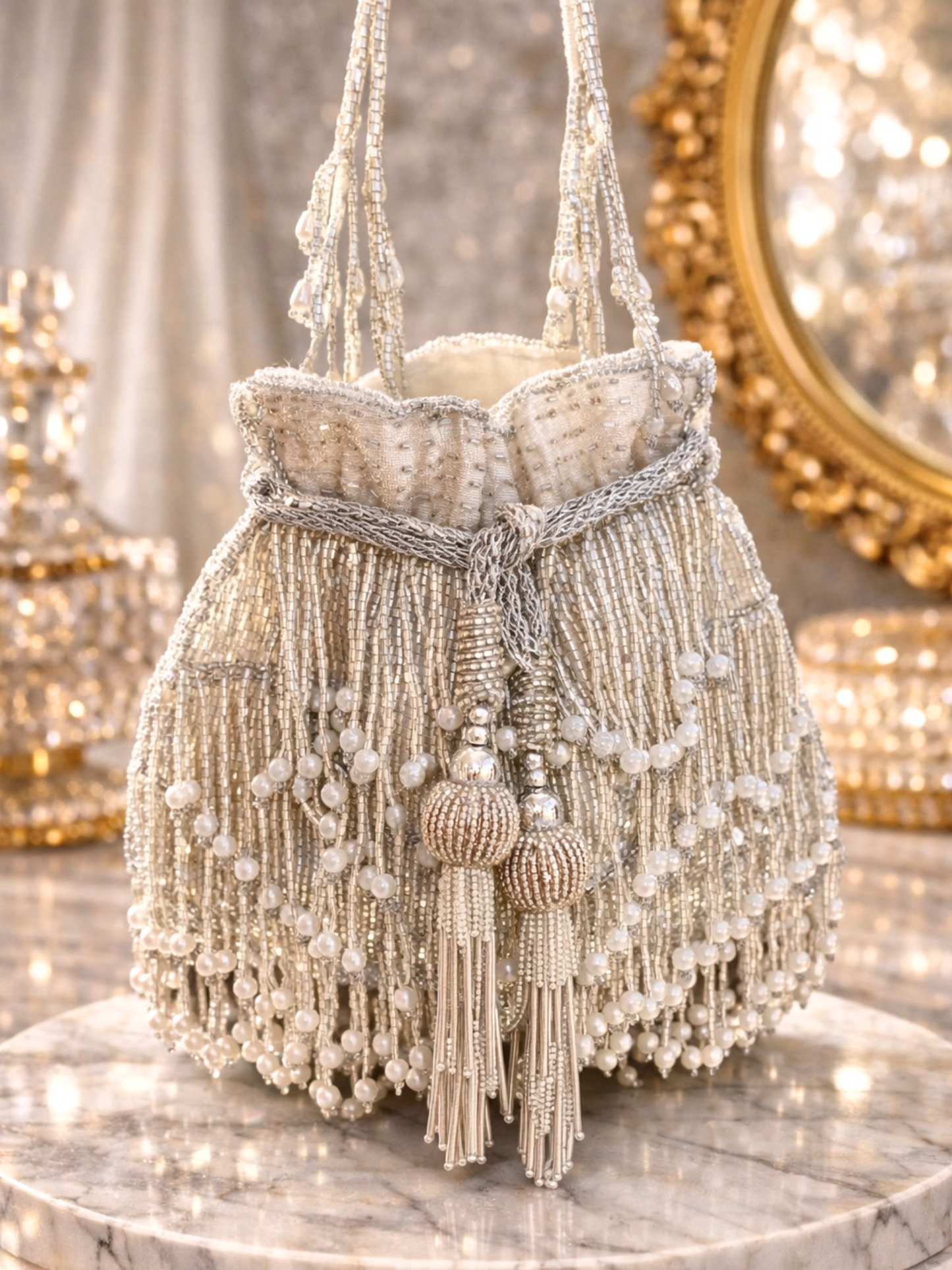 Silver fringe glam potli bag with white base and decorative tassels, stylish accessory from aclutchstory.