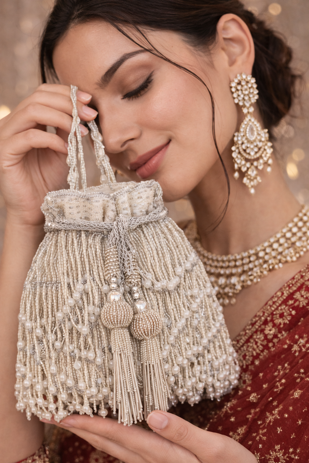 Woman holding a beaded handbag with traditional jewelry