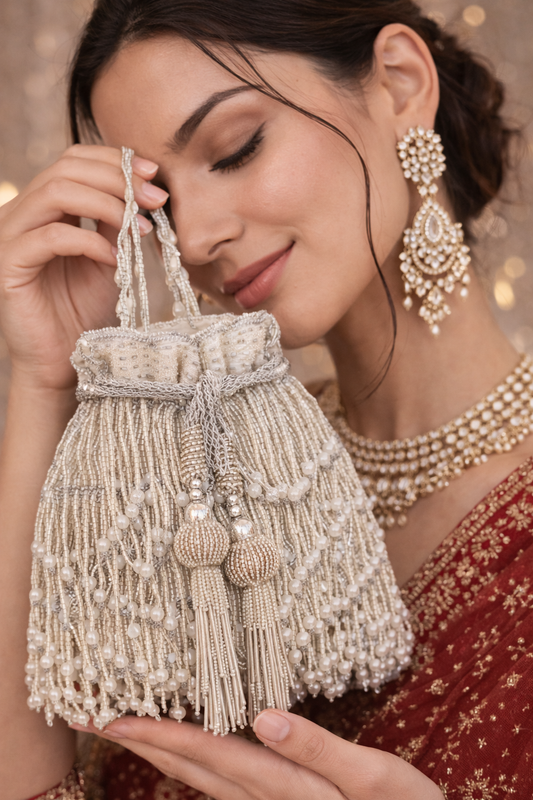 Woman holding a beaded handbag with traditional jewelry