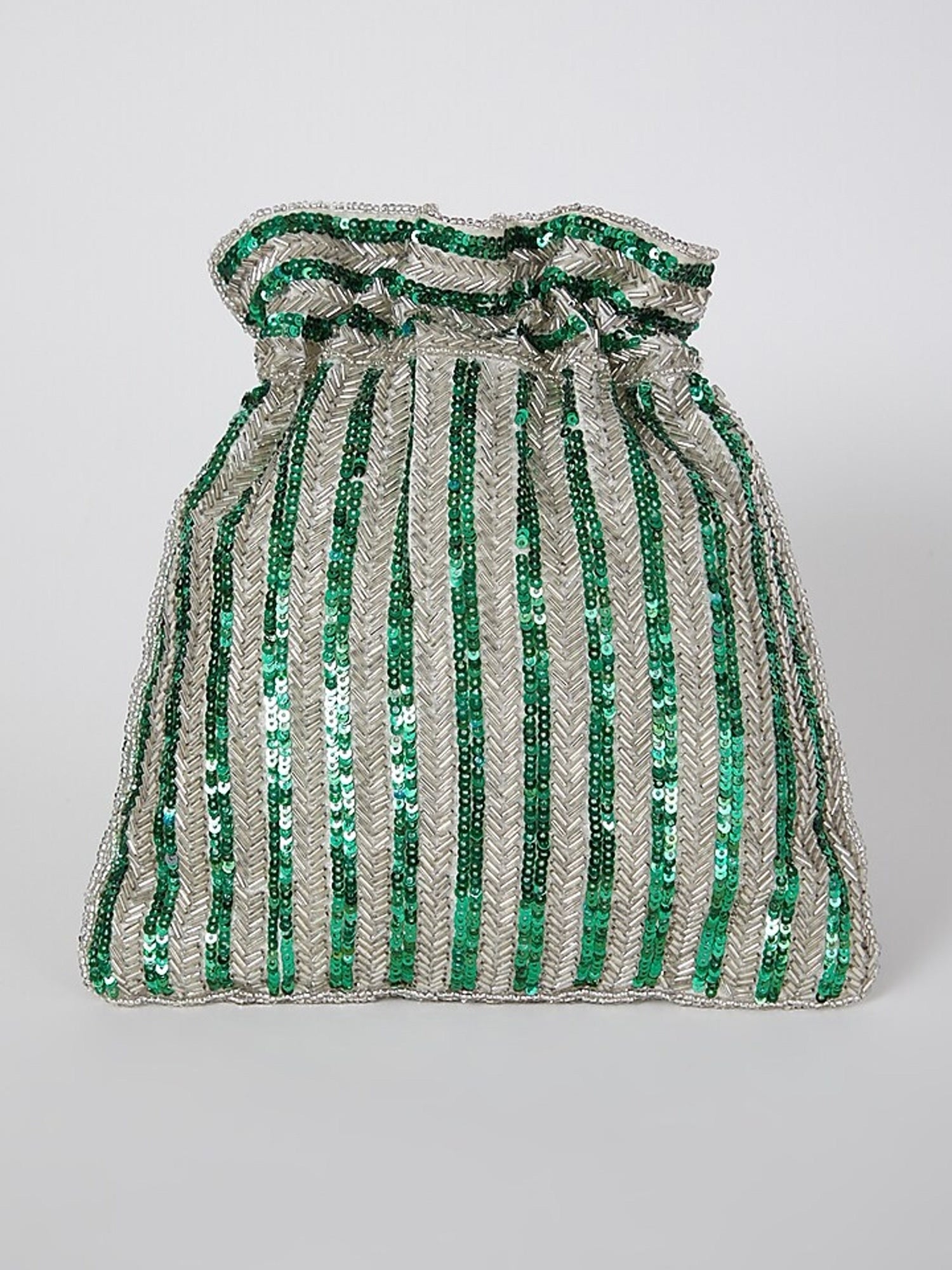 Green sequins hand-embroidered potli bag with a drawstring closure, featuring intricate embroidery and traditional design.