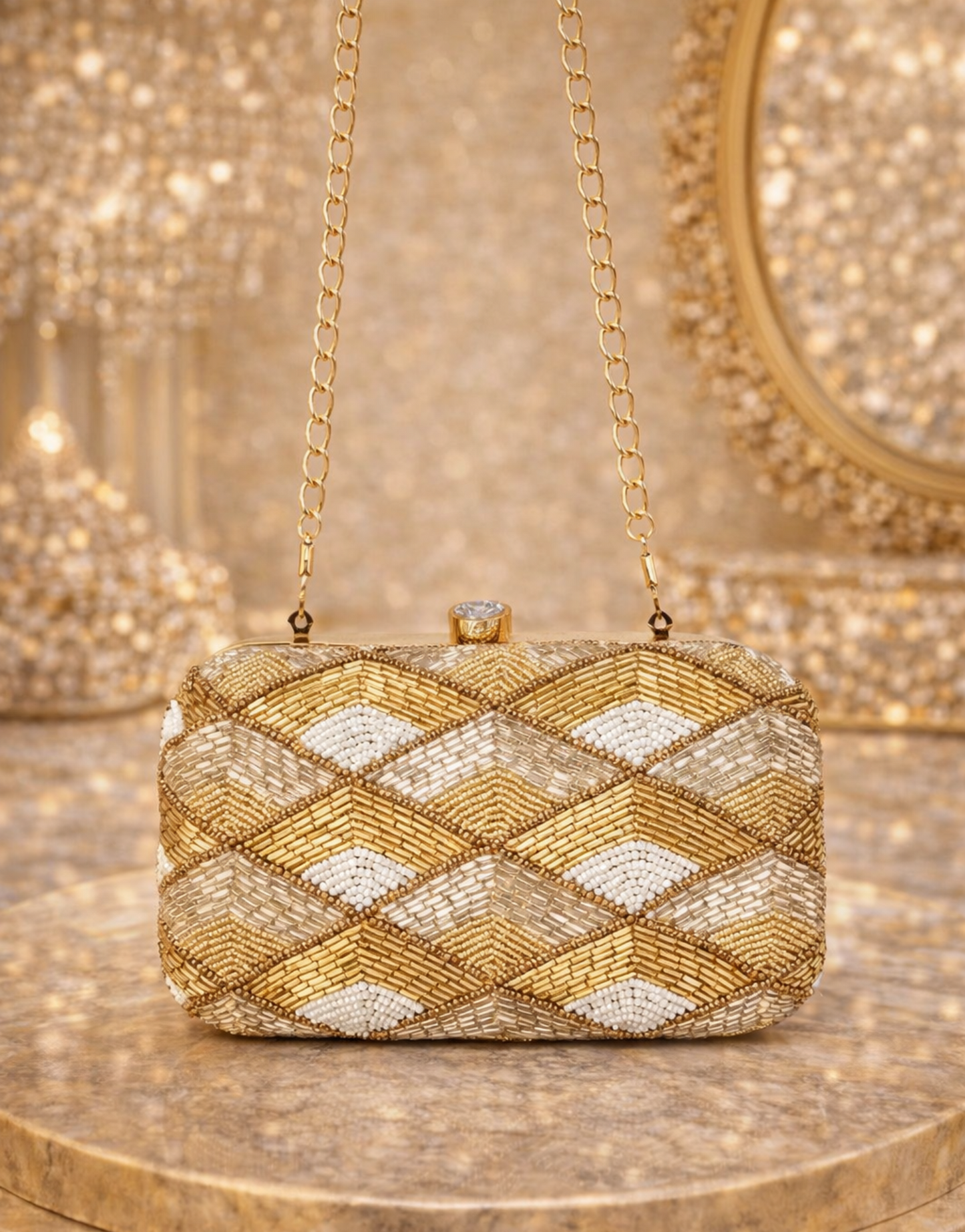 Tricolored hand-embroidered clutch with intricate designs, crafted by aclutchstory, showcasing vibrant embroidery and elegant craftsmanship.