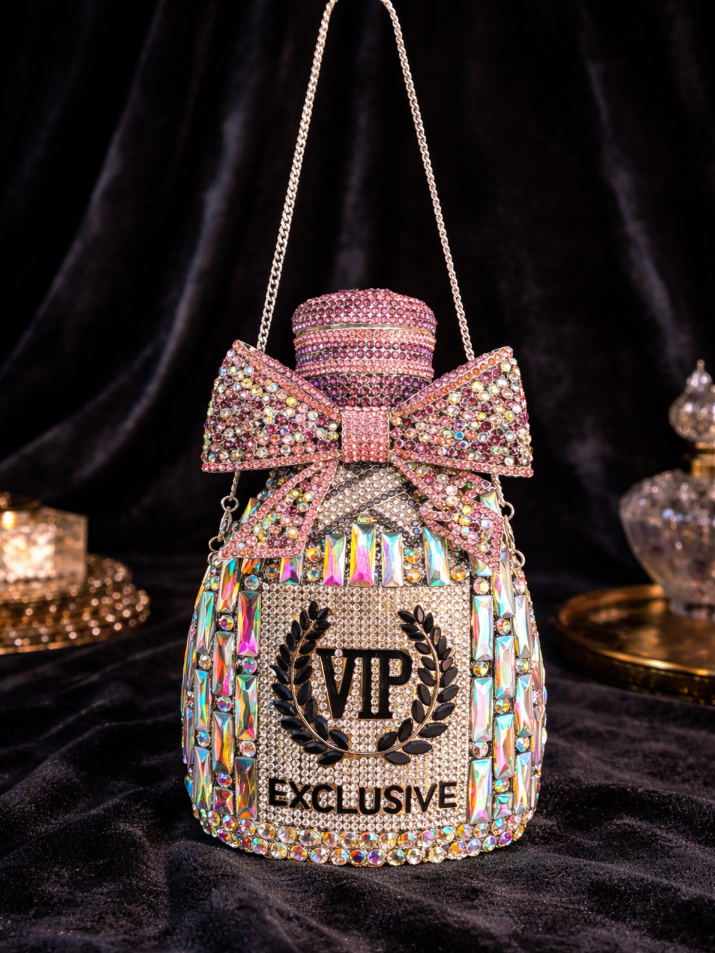 Silver and pink champagne crystal clutch bag with sparkling embellishments from aclutchstory, perfect for elegant occasions