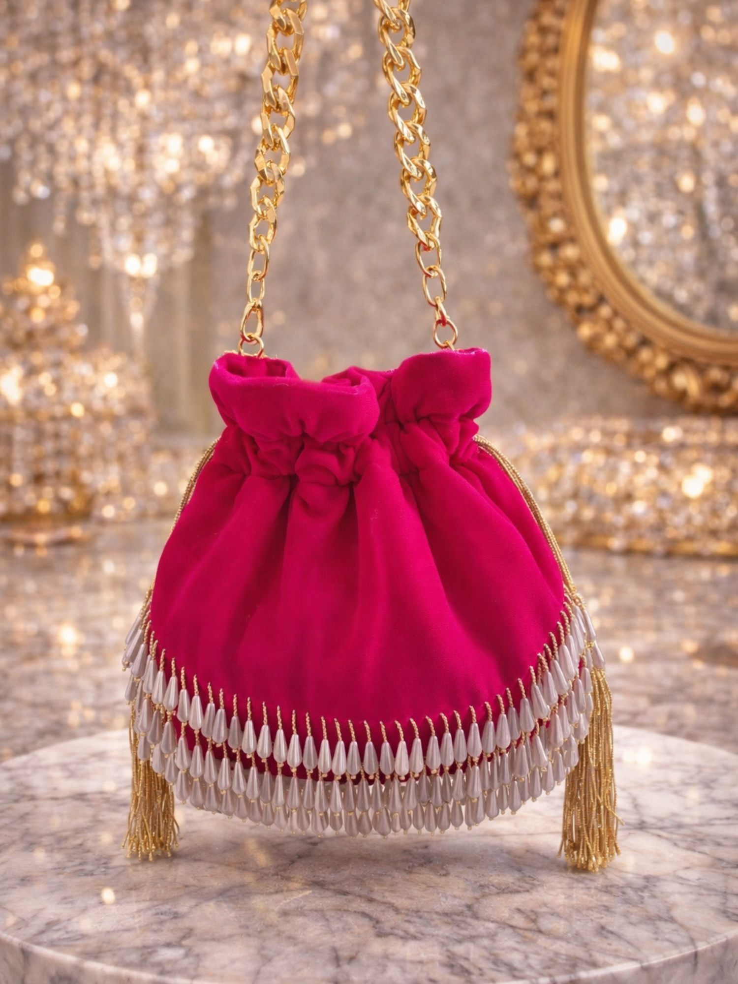 Elegant pearl tassels potli bag by aclutchstory featuring intricate embroidery and traditional drawstring closure.