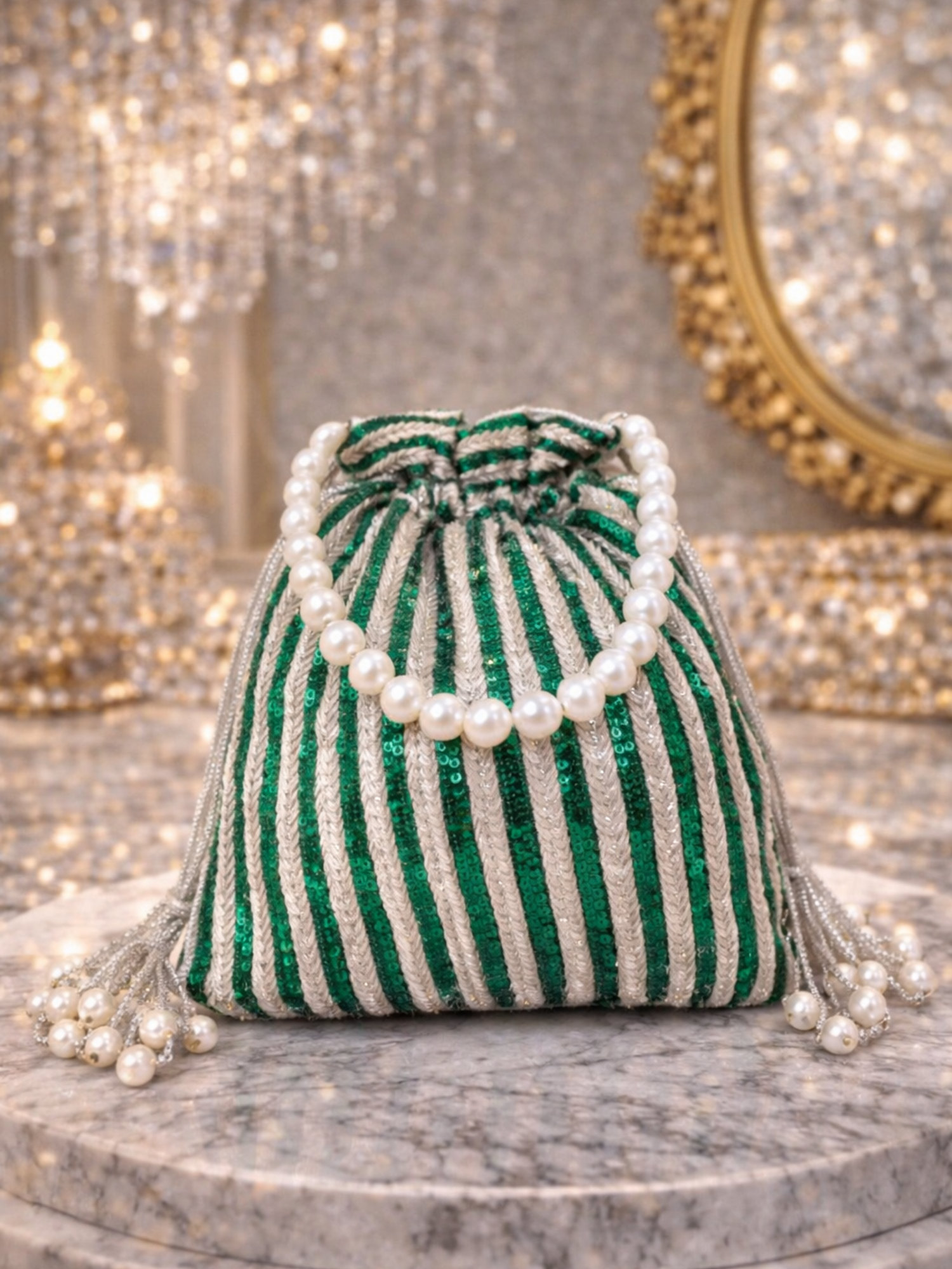 Green sequined hand-embroidered potli bag with intricate detailing, perfect for traditional or festive occasions.