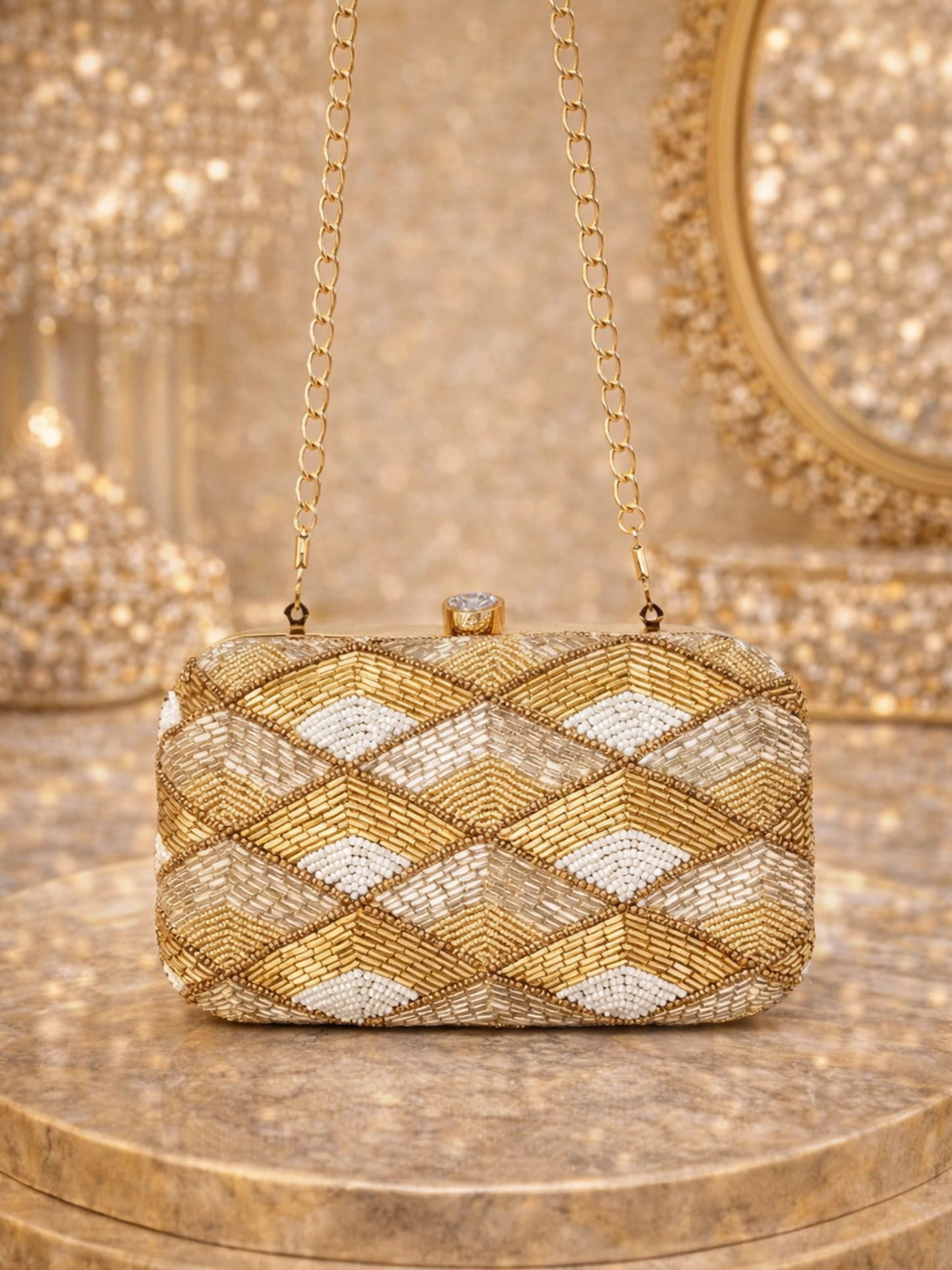 Tricolored hand-embroidered clutch with intricate designs, crafted by aclutchstory, showcasing vibrant embroidery and elegant craftsmanship.