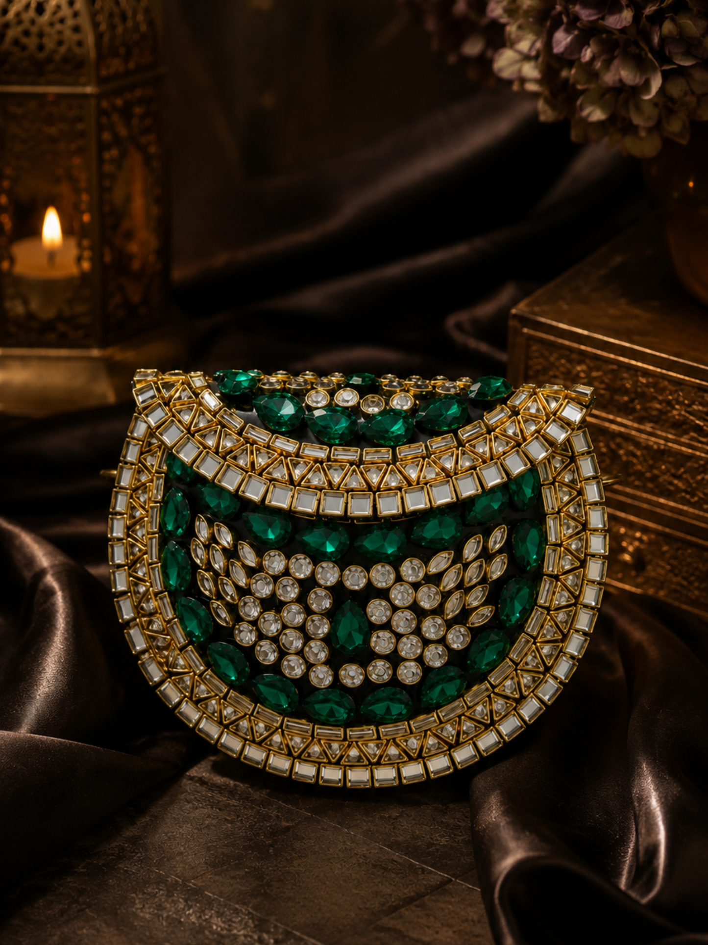Emerald Luxe Kundan Clutch